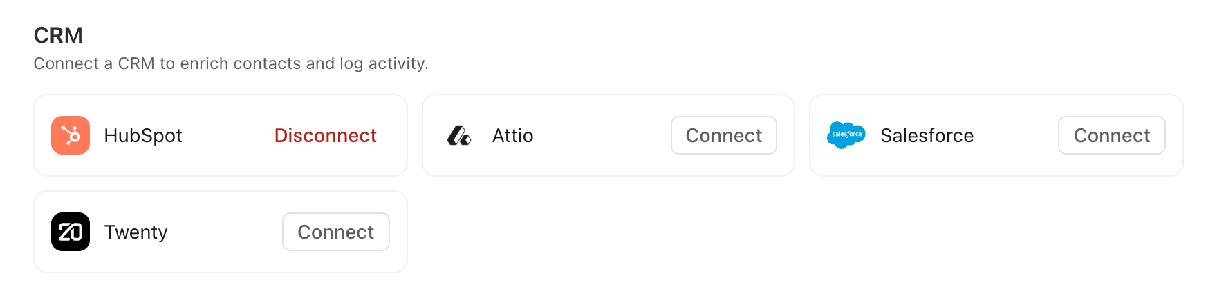 Settings, Integrations, CRM section with Twenty listed next to HubSpot, Attio, and Salesforce