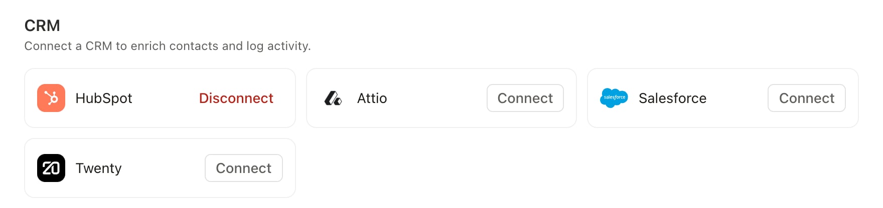 Settings, Integrations, CRM section with Twenty listed next to HubSpot, Attio, and Salesforce
