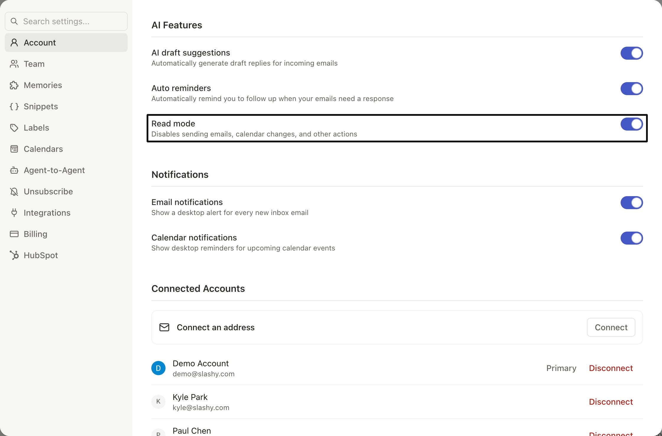 Agent sidebar showing a draft email with send confirmation