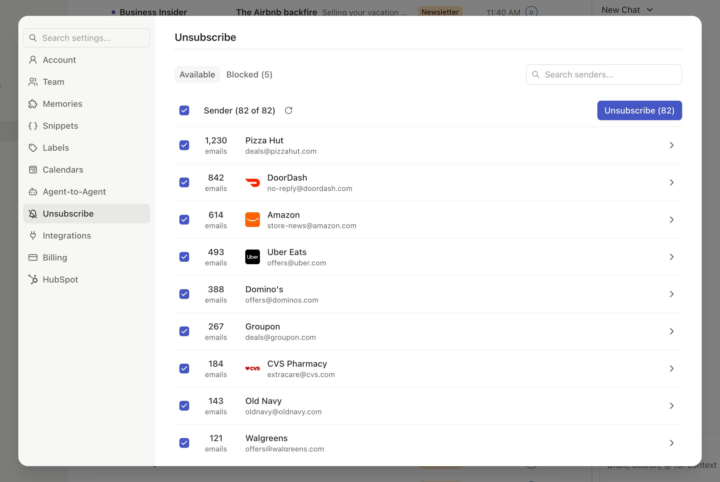 Bulk unsubscribe modal listing high-volume senders with checkboxes and a Run button