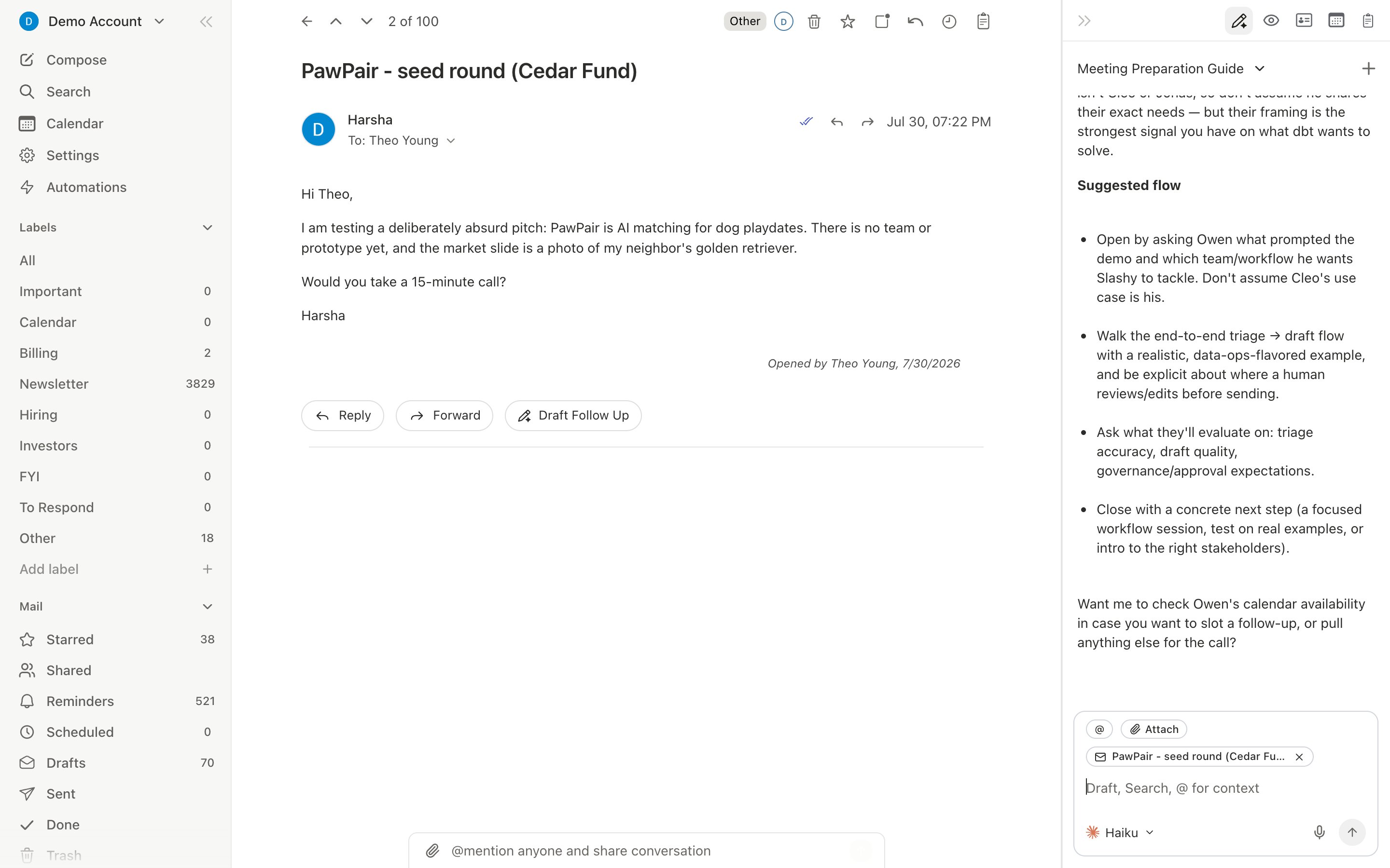 Meeting prep briefing showing founder email history and open threads before a pitch meeting