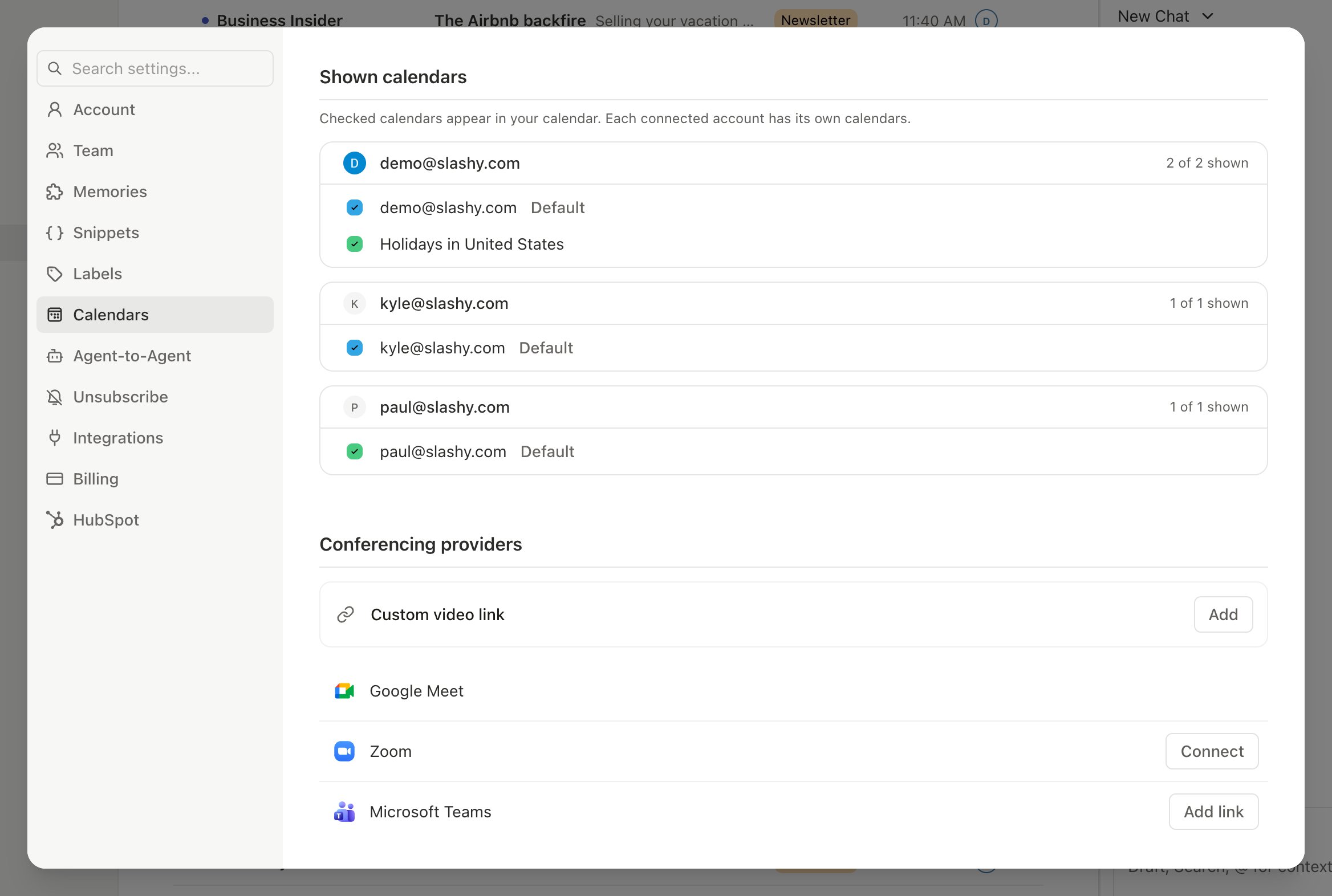 Settings Calendars page showing Zoom connected with conferencing options