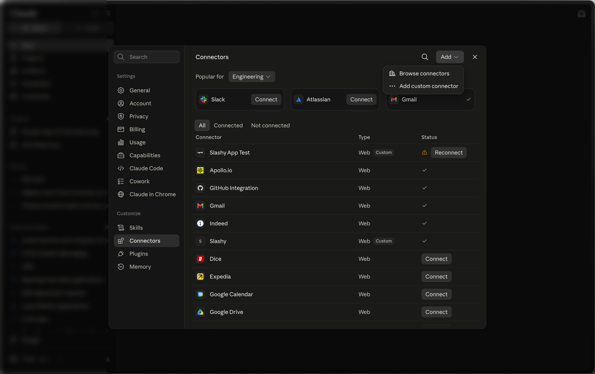 The Add menu open on Claude's Connectors page, showing Browse connectors and Add custom connector