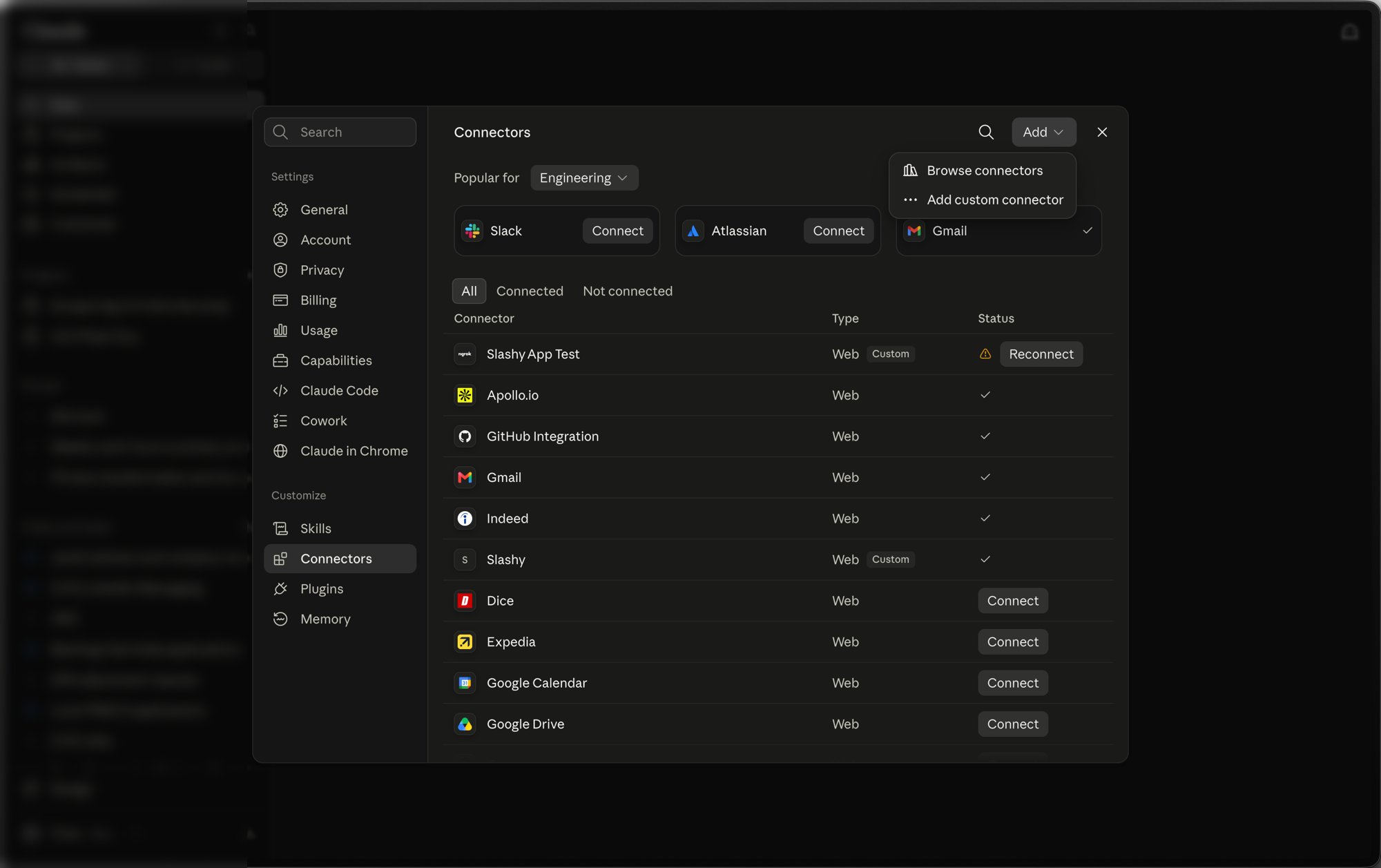 The Add menu open on Claude's Connectors page, showing Browse connectors and Add custom connector