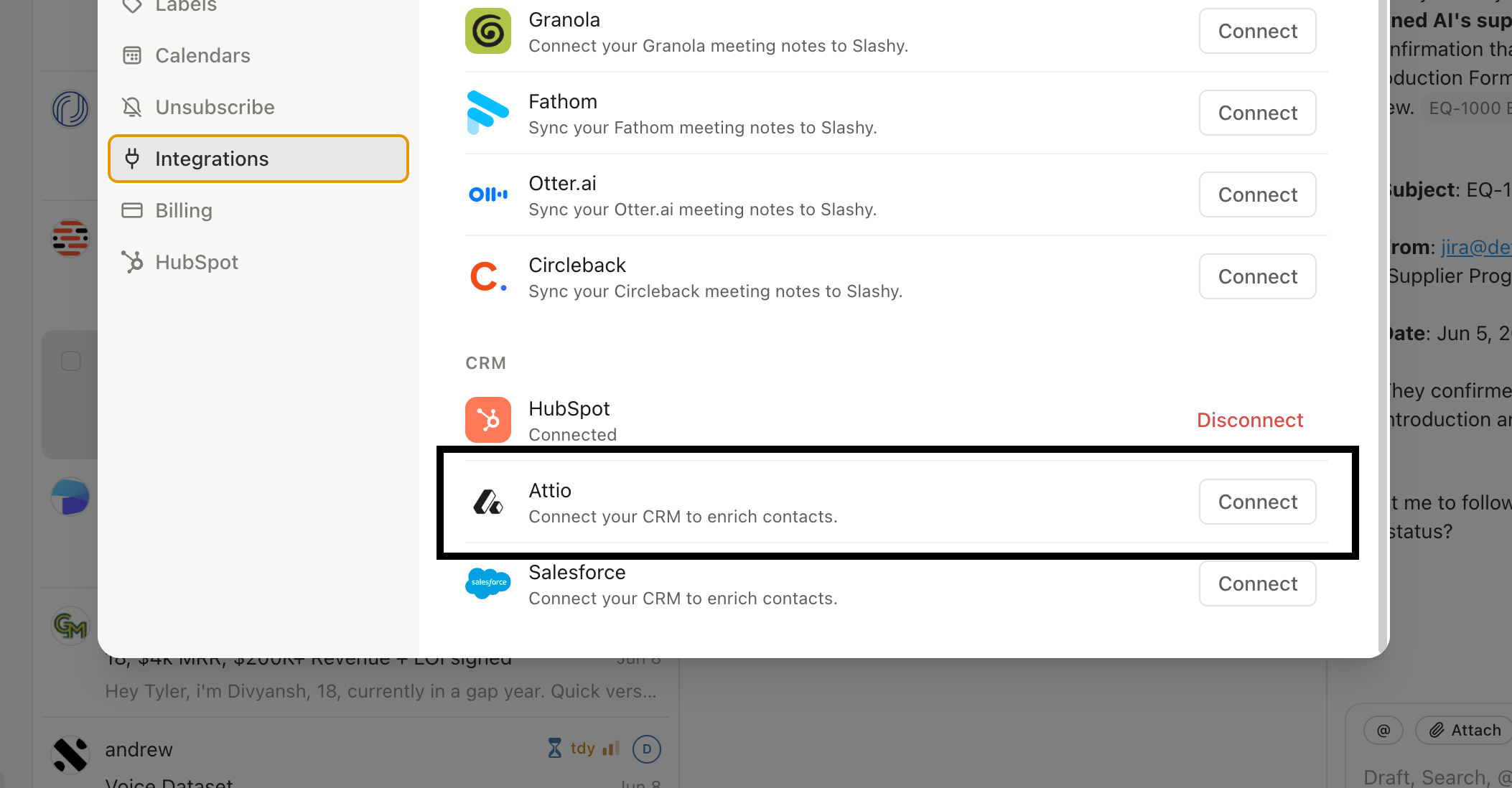 Settings, Integrations, Attio screen with the workspace picker