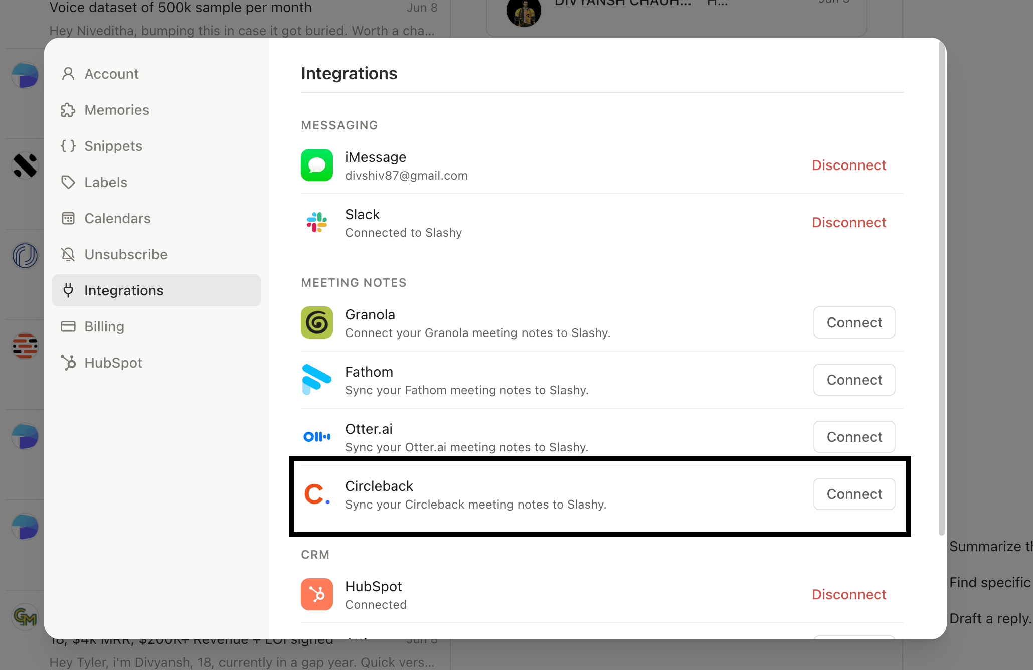 Slashy Settings open to the Circleback integration page with a Connect button