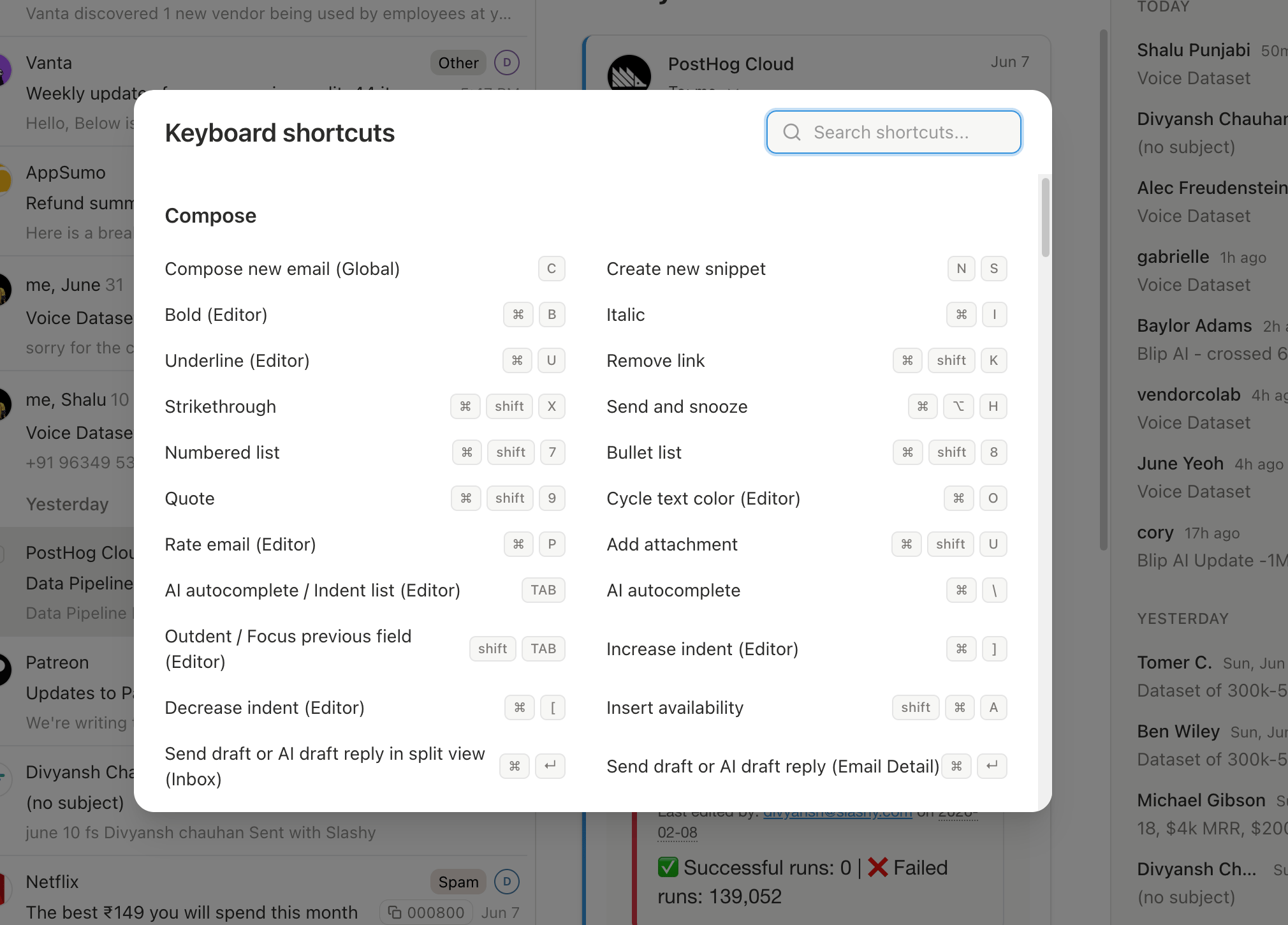 Command palette rows showing keyboard shortcuts on the right edge