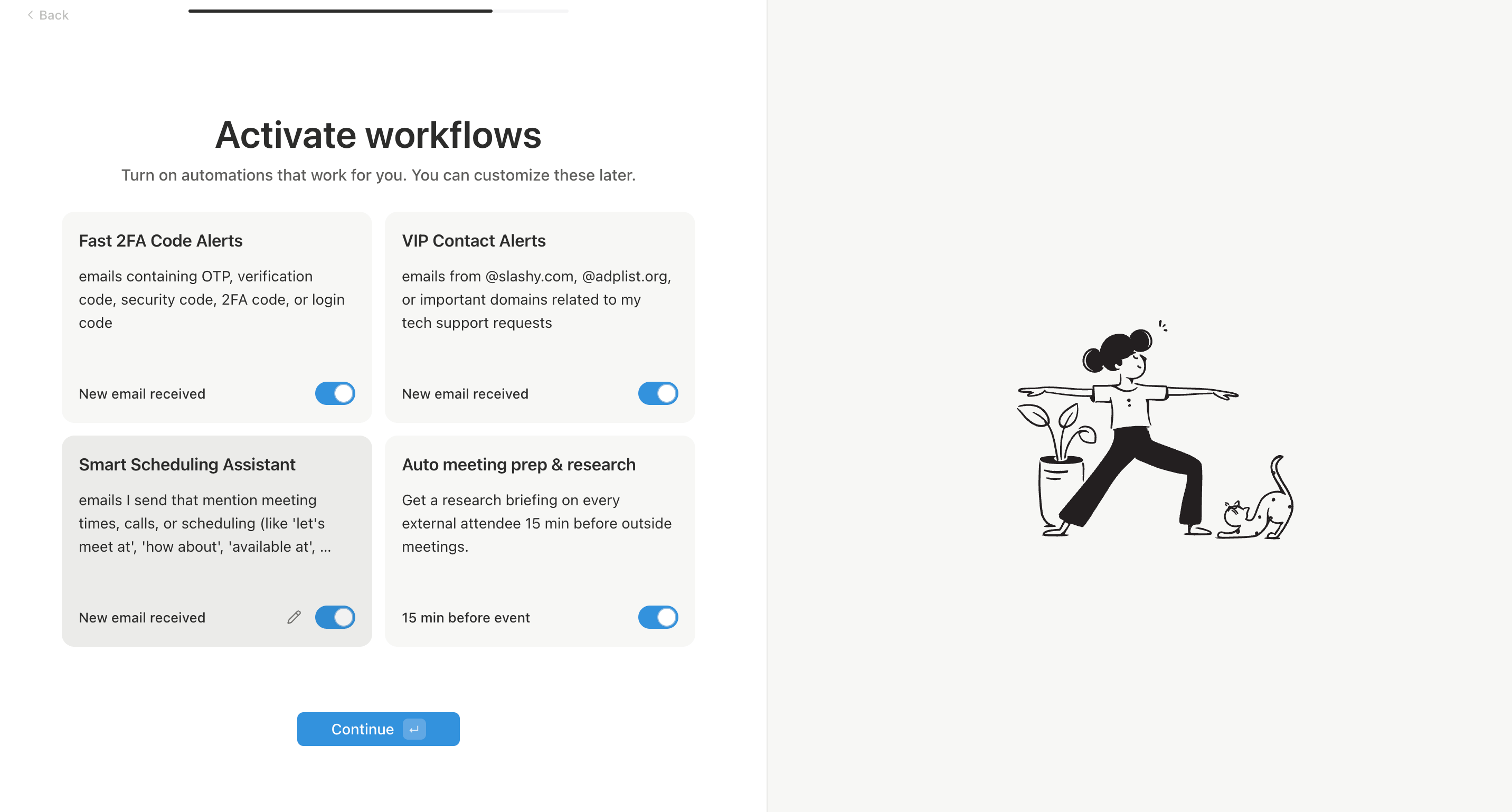 Onboarding automations step showing toggleable starter automations