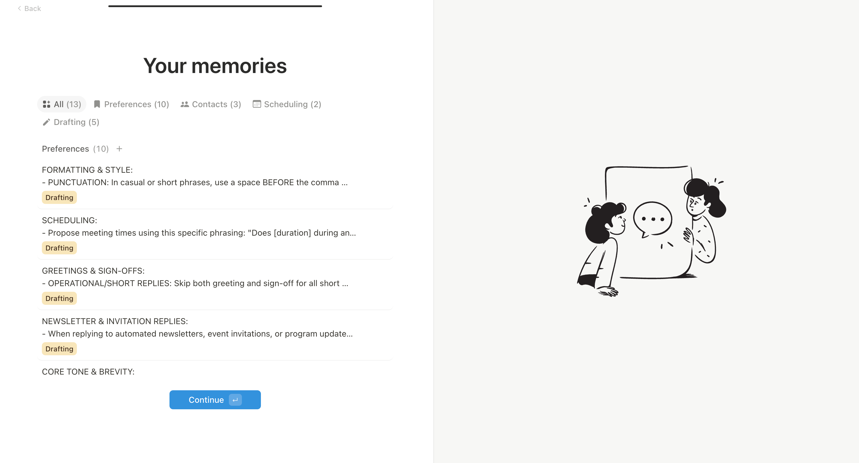 Memories step in onboarding with editable bullets describing the user