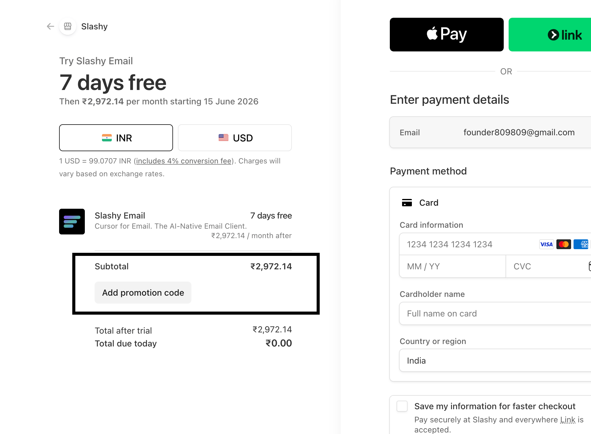 Slashy signup screen with the invite code field highlighted above the payment form