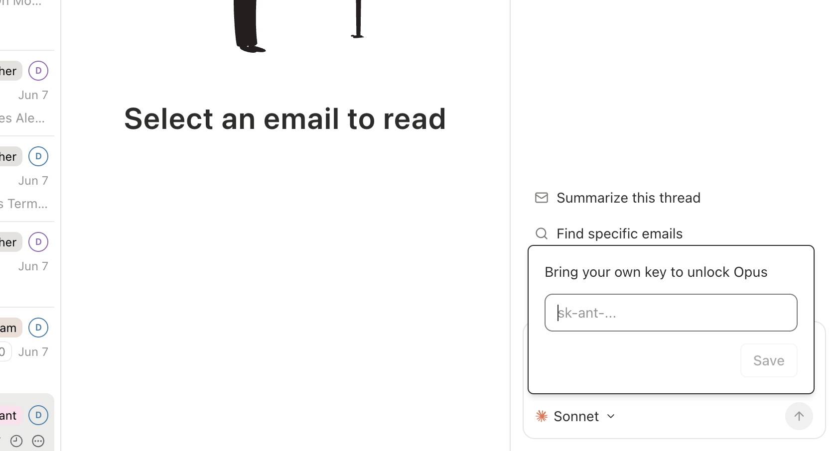 Inline prompt asking for an Anthropic API key after selecting Opus