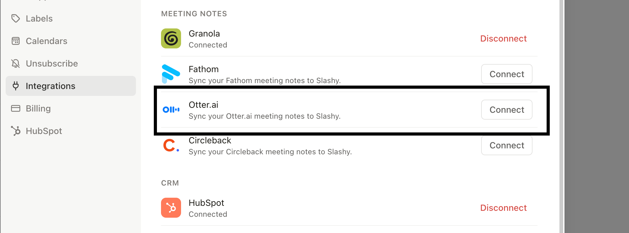 Slashy Settings open to the Otter.ai integration page with the OAuth Connect button