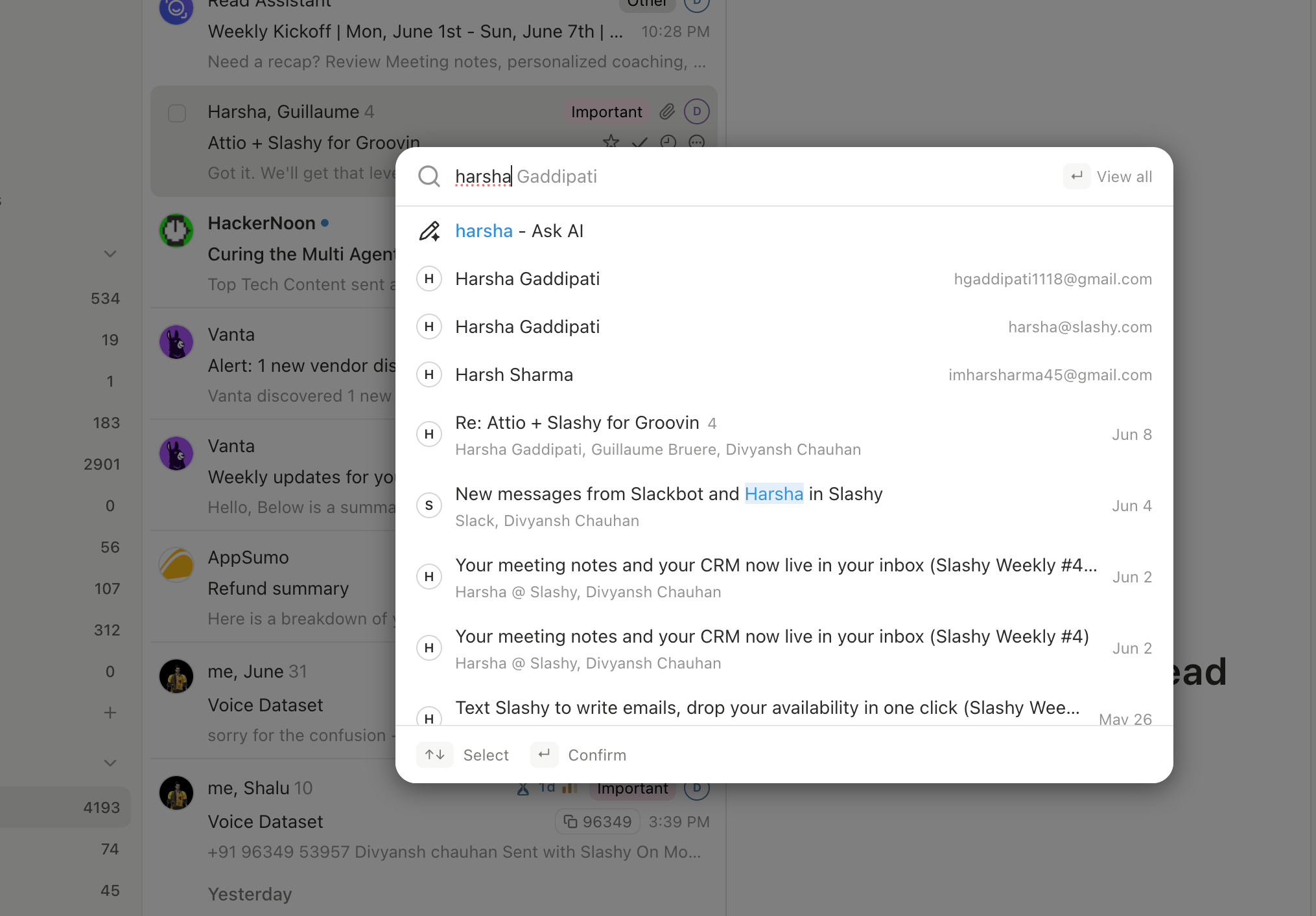 Slashy search bar open with a query in progress and streaming results below