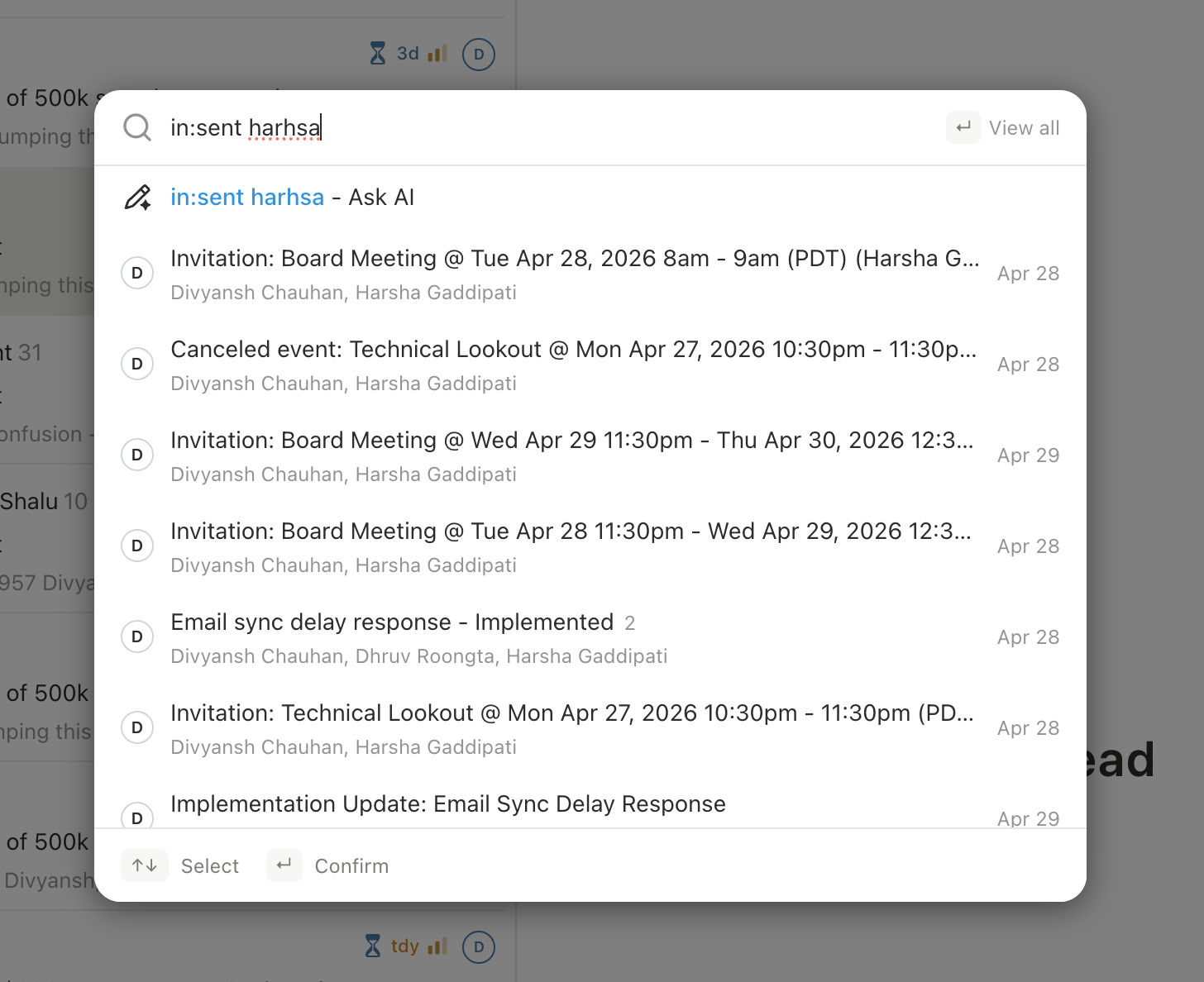 Search results page with the scope indicator showing All Inboxes and results grouped by inbox