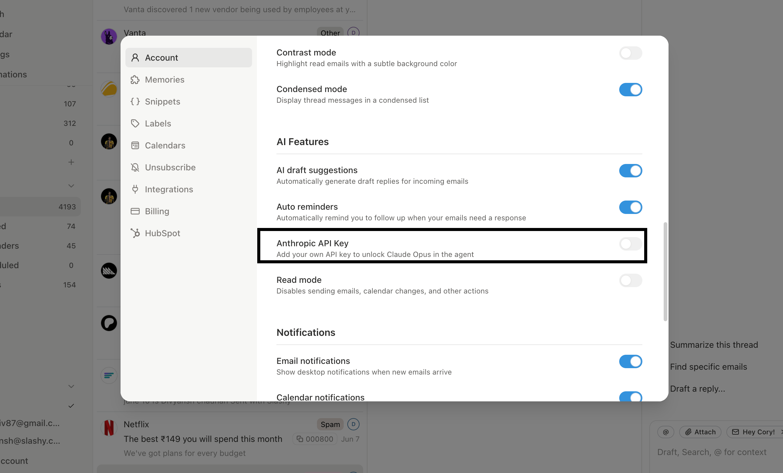 Settings, AI screen with the Anthropic key entry and management controls