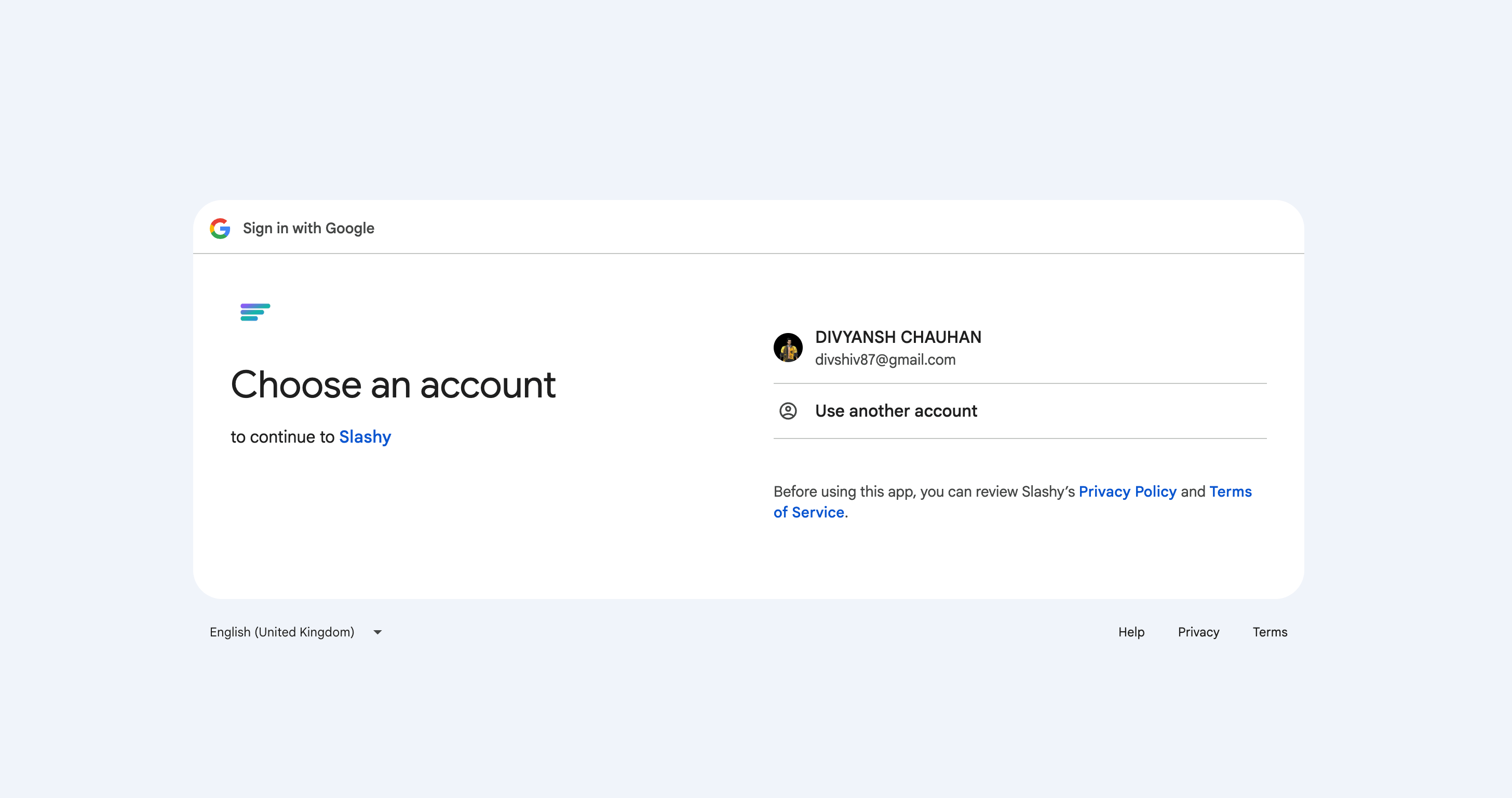 Google OAuth screen for signing in to Slashy
