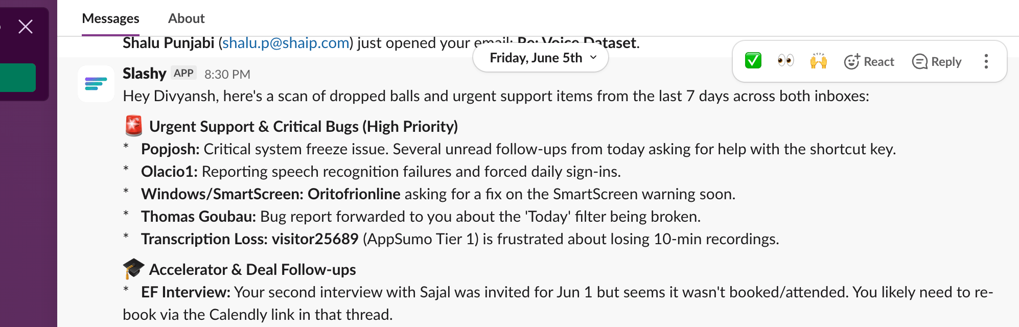 Example Slack message from the Slashy bot showing an automation summary