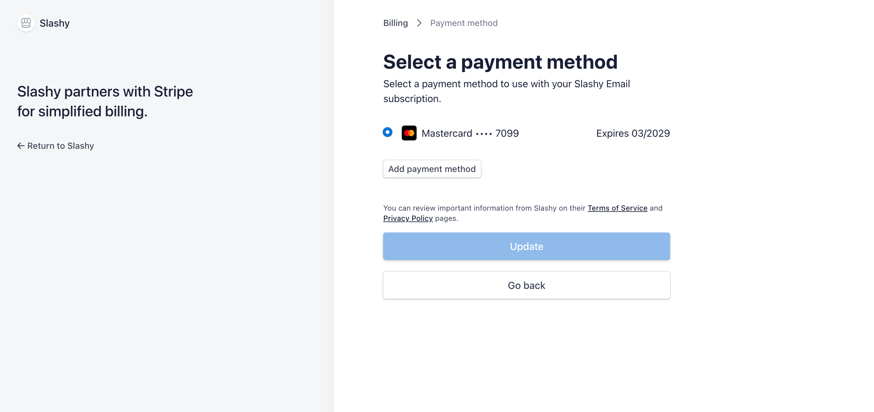 Stripe customer portal showing payment method and invoice history