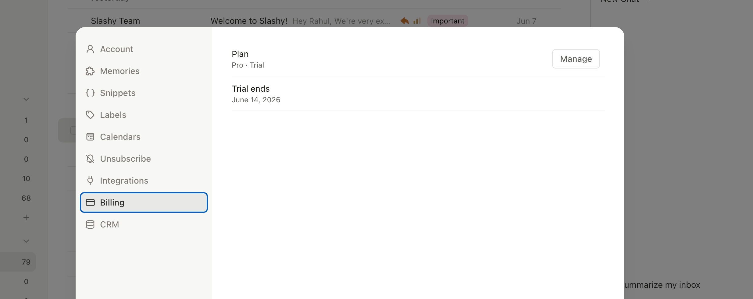 Slashy billing screen showing days remaining in the free trial