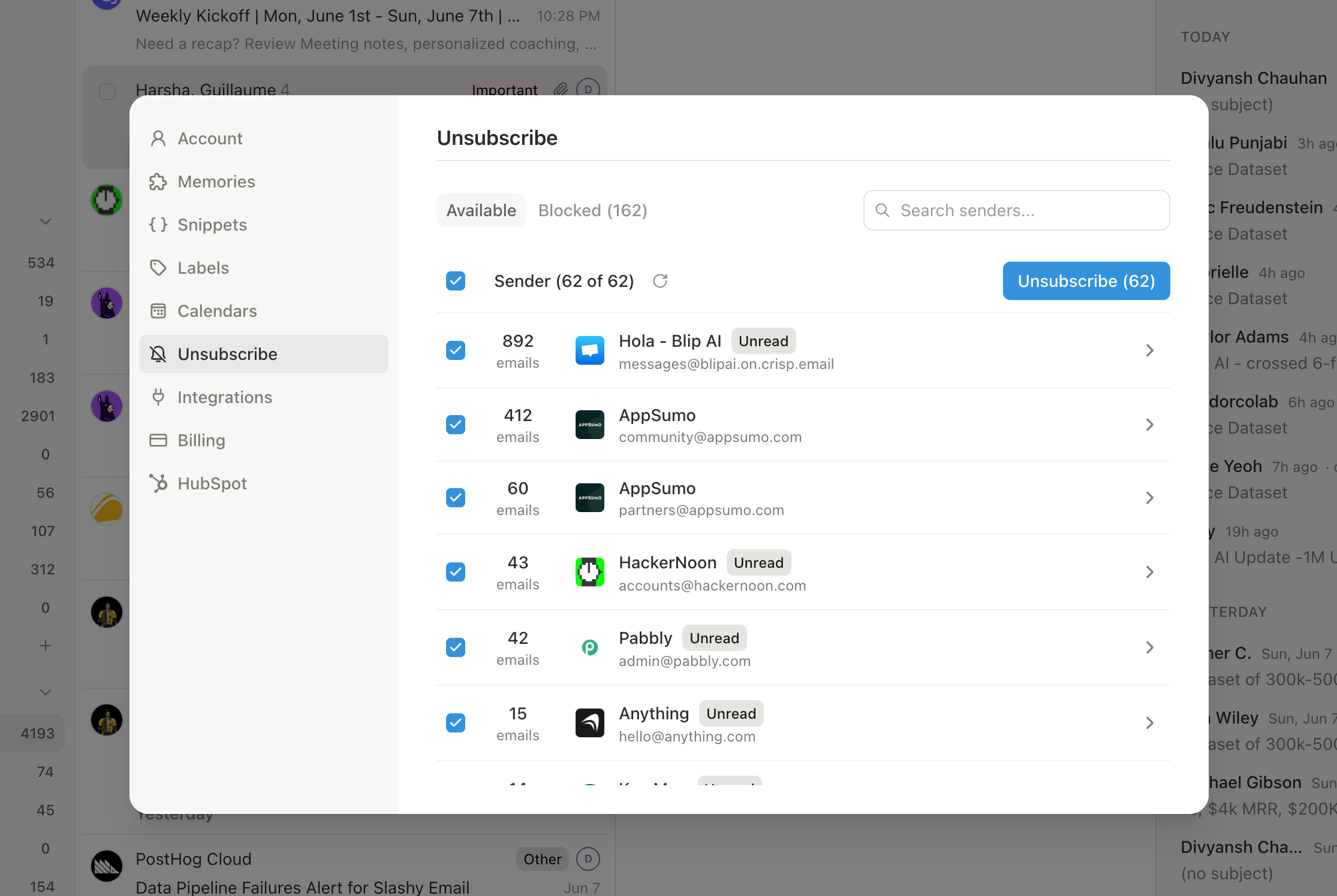 Bulk unsubscribe modal listing high-volume senders with checkboxes and a Run button