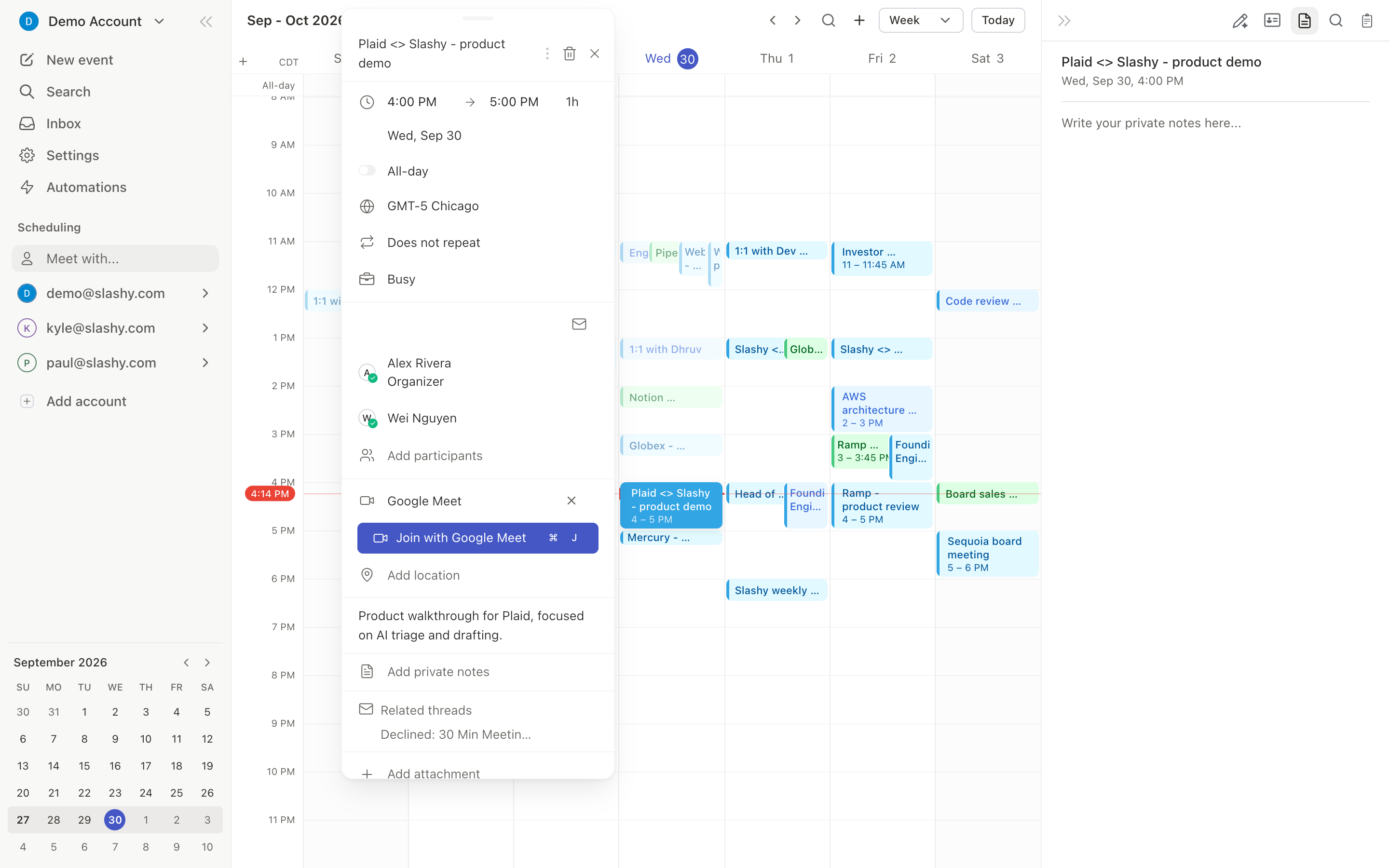Slashy calendar event detail with the private notes panel open on the right