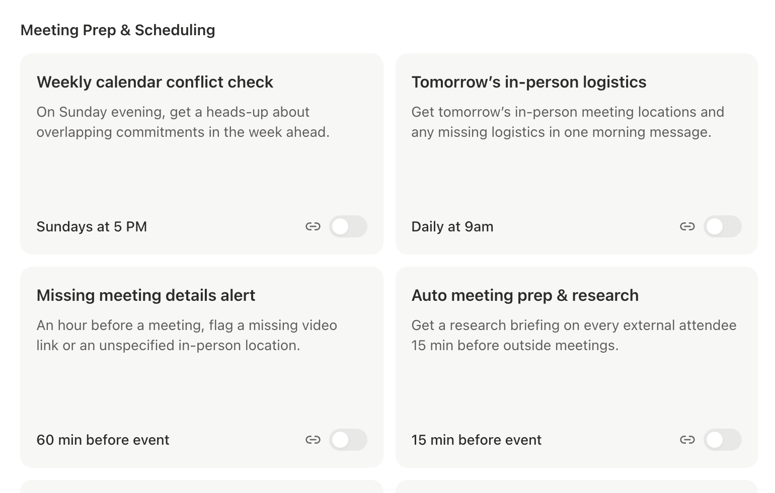 Automations page showing the Weekly calendar conflict check, Tomorrow's in-person logistics, and Missing meeting details alert templates