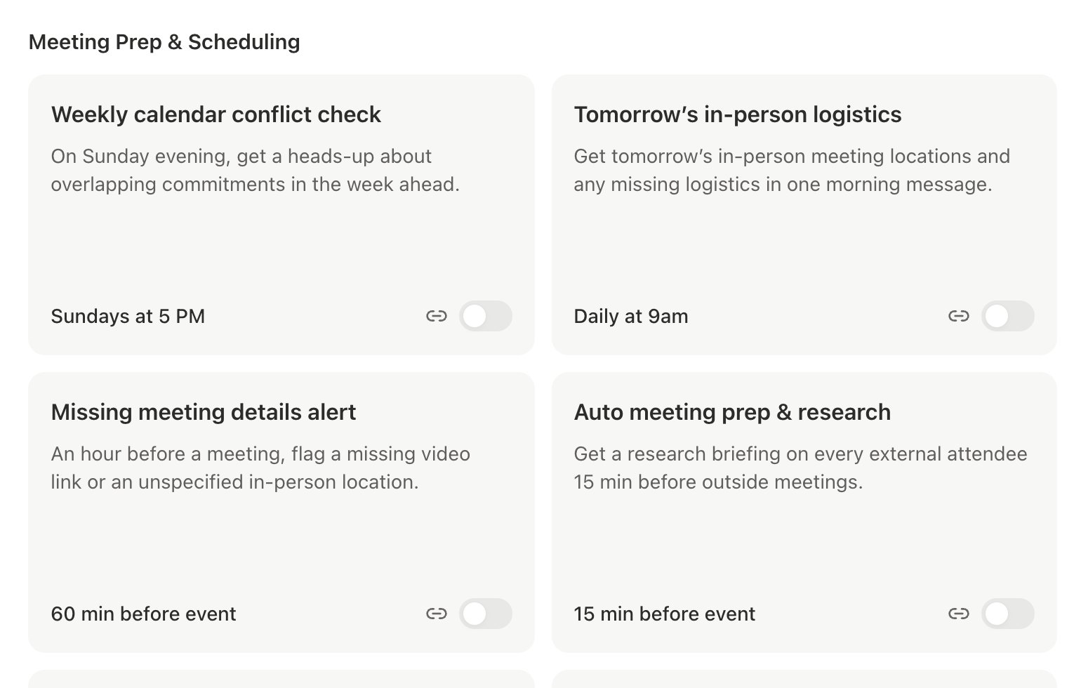 Automations page showing the Weekly calendar conflict check, Tomorrow's in-person logistics, and Missing meeting details alert templates