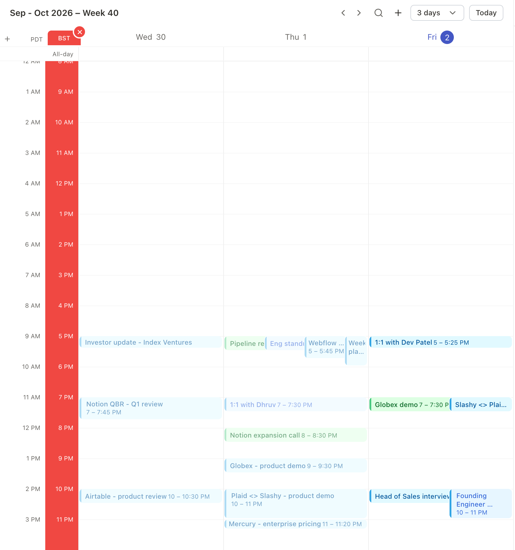 Calendar in a travel time zone (BST) with the home zone (PDT) beside it and the red Travel back home button