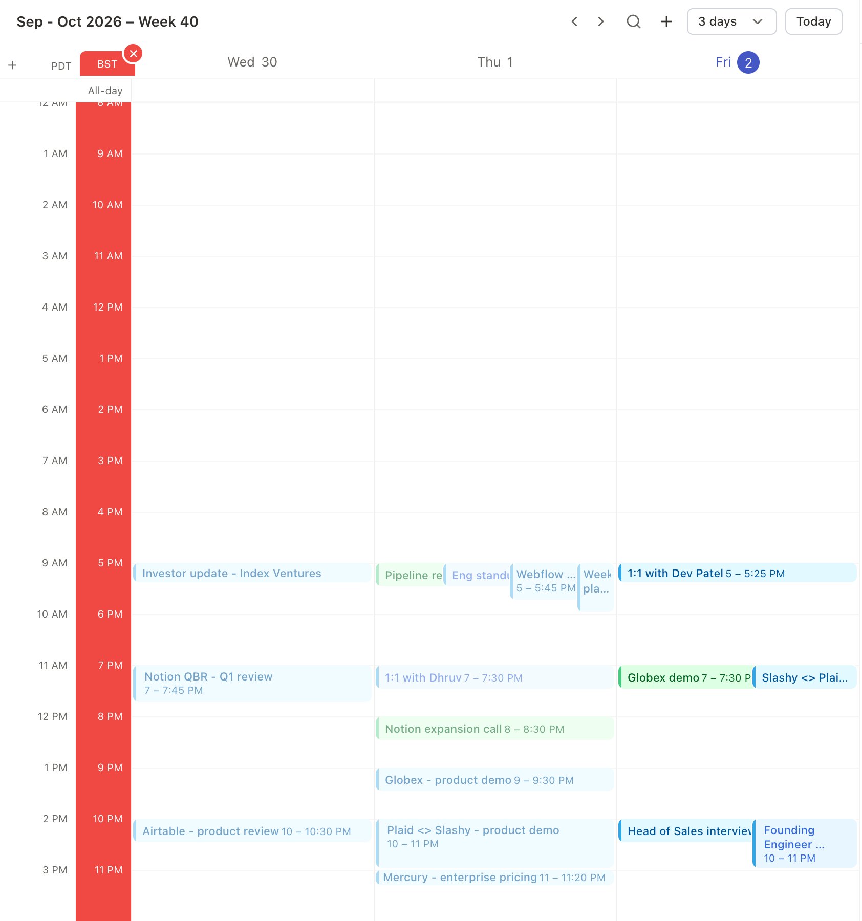 Calendar in a travel time zone (BST) with the home zone (PDT) beside it and the red Travel back home button