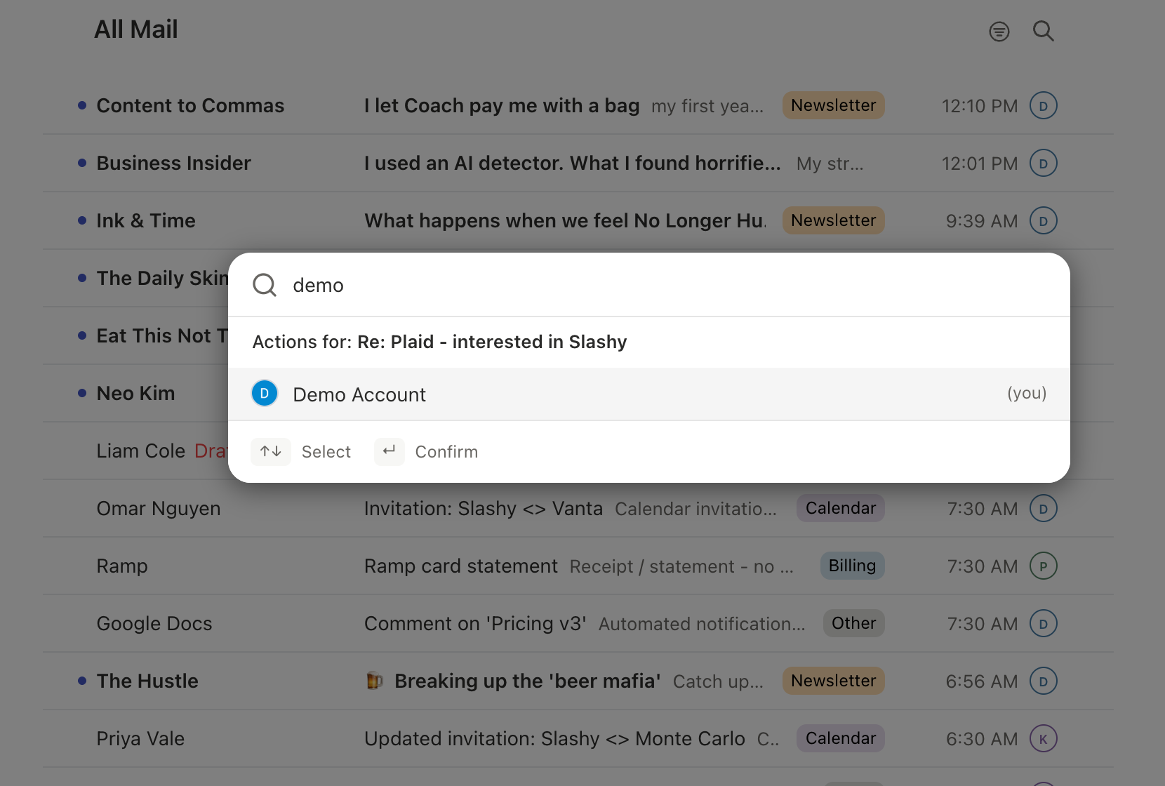 The Assign to menu open over the inbox list for a focused conversation