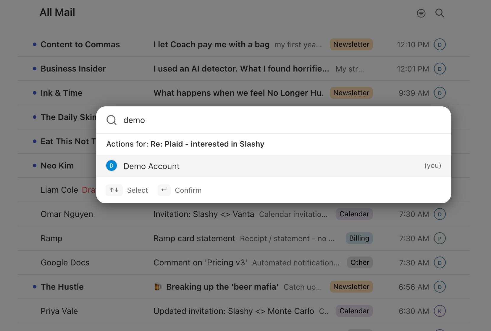 The Assign to menu open over the inbox list for a focused conversation