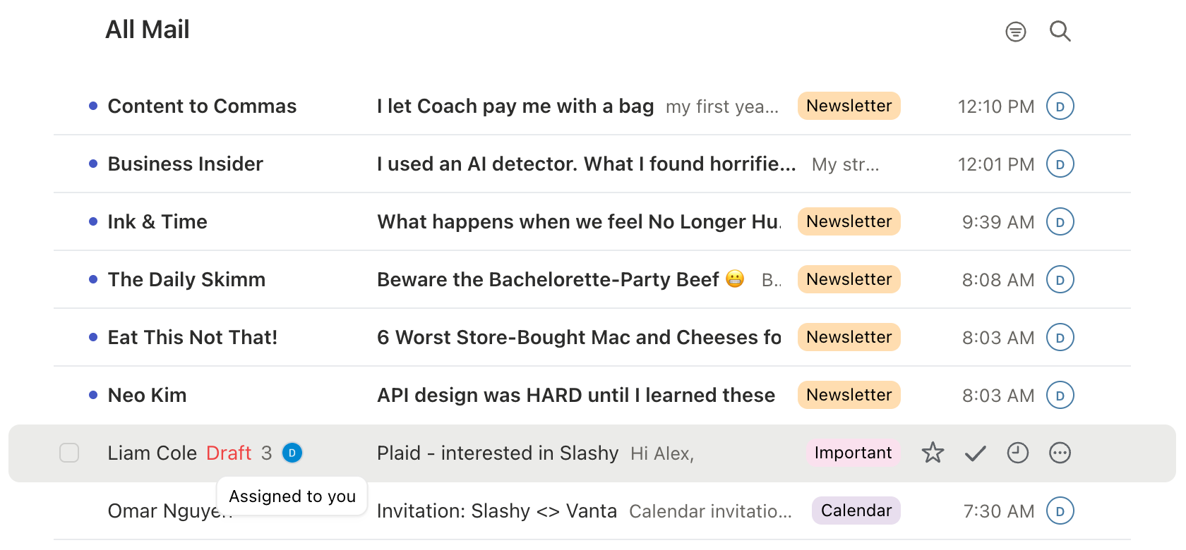 An inbox row with the owner's avatar next to the sender and the tooltip Assigned to you