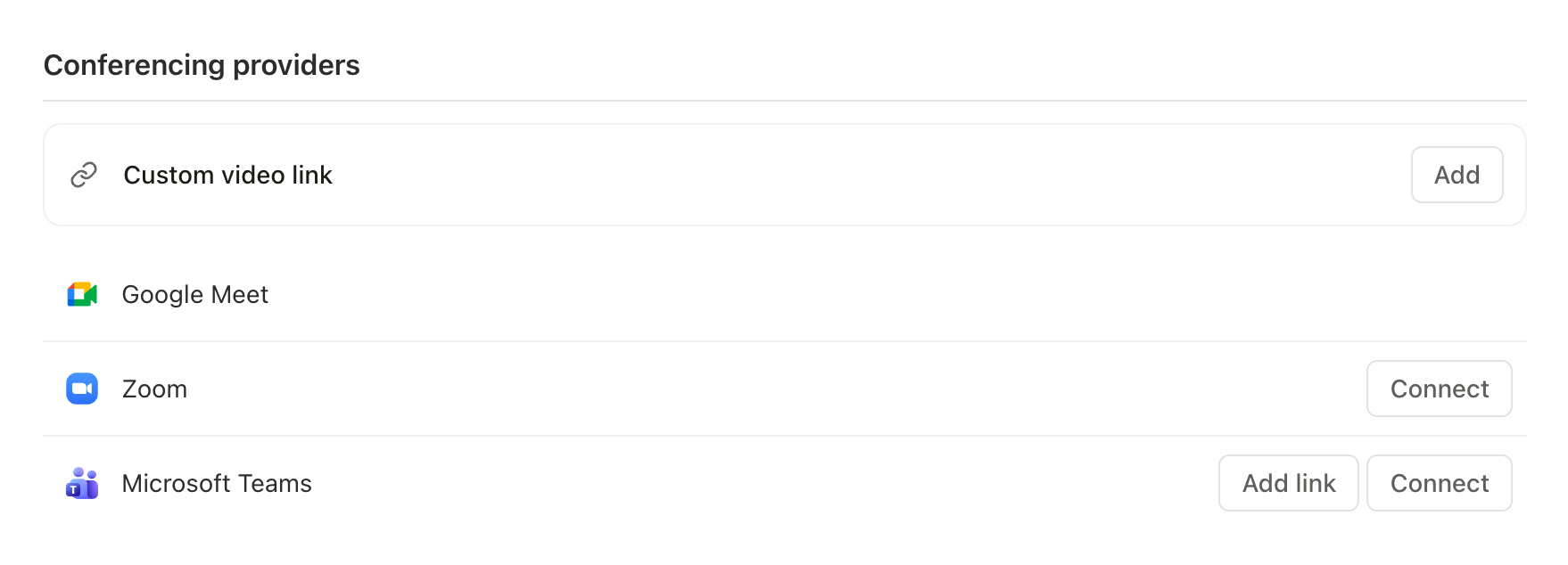 Settings Calendars conferencing providers with the Microsoft Teams row and its Add link and Connect buttons