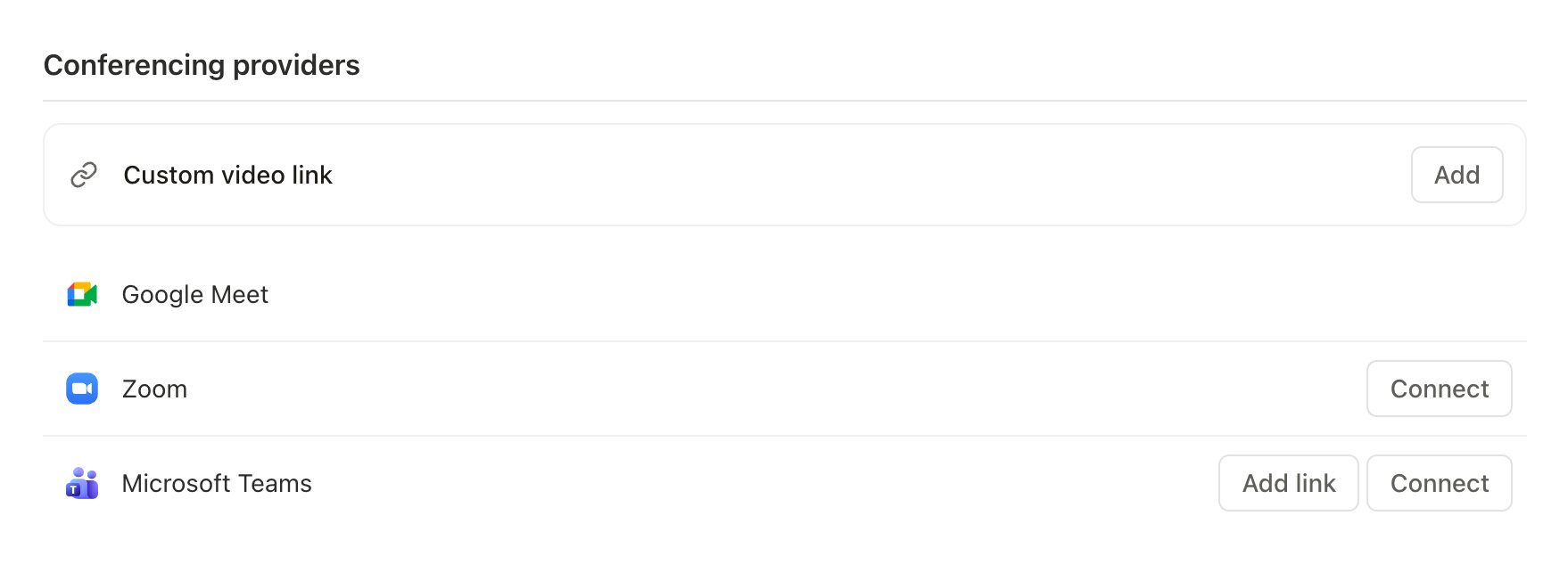 Settings Calendars conferencing providers with the Microsoft Teams row and its Add link and Connect buttons