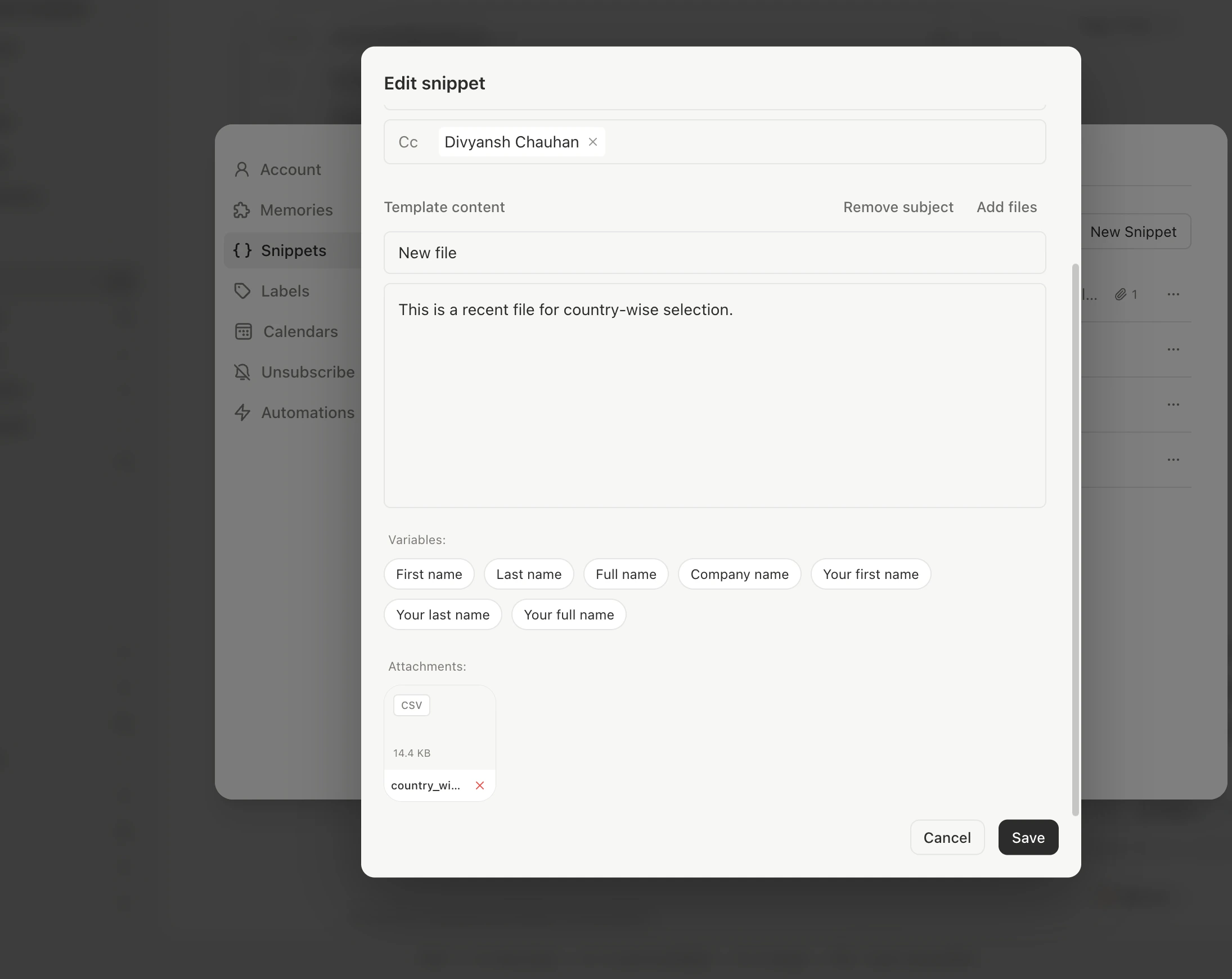 AI variable prompt field inside snippet body editor