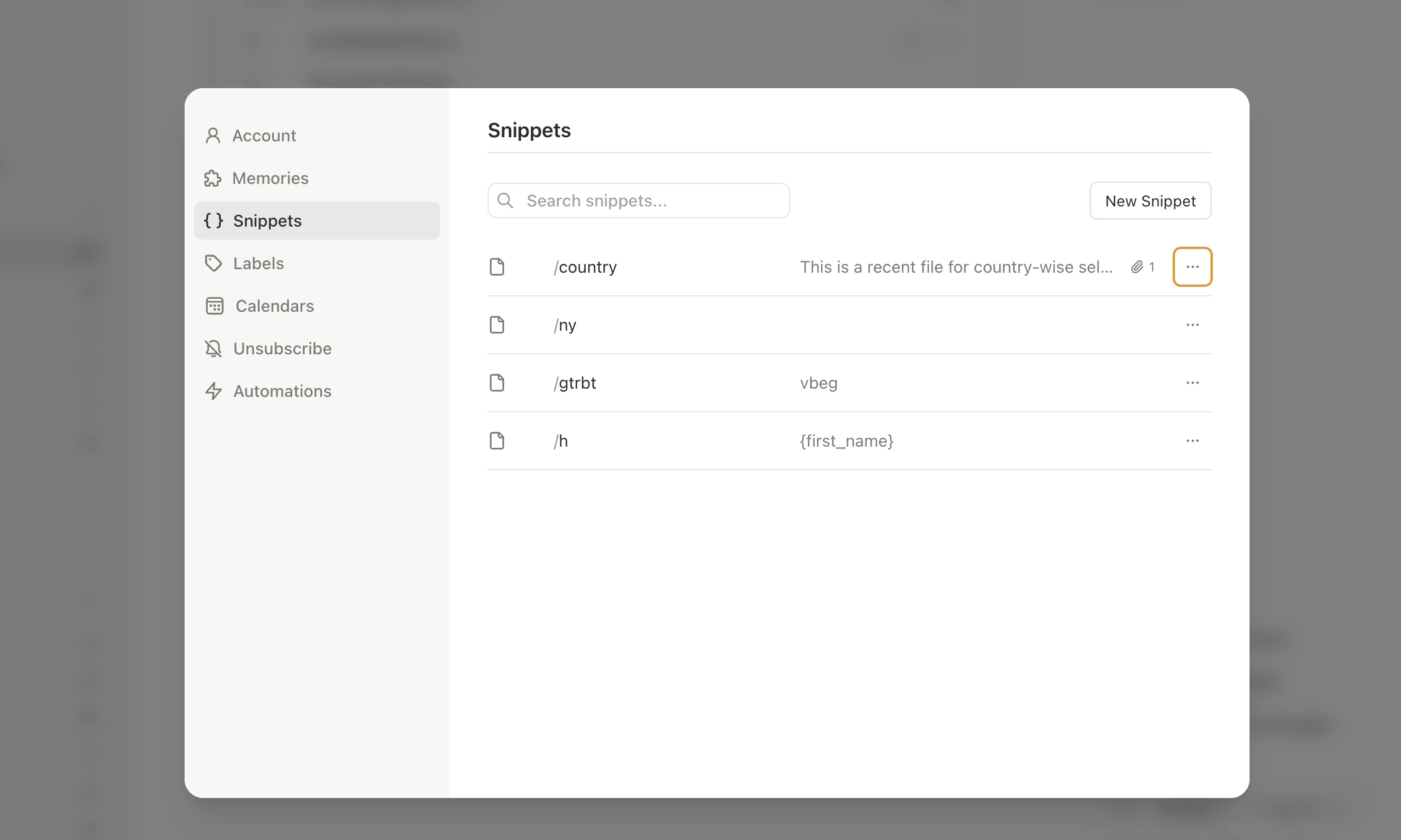 Snippet analytics dashboard showing usage counts, open rates, and reply rates