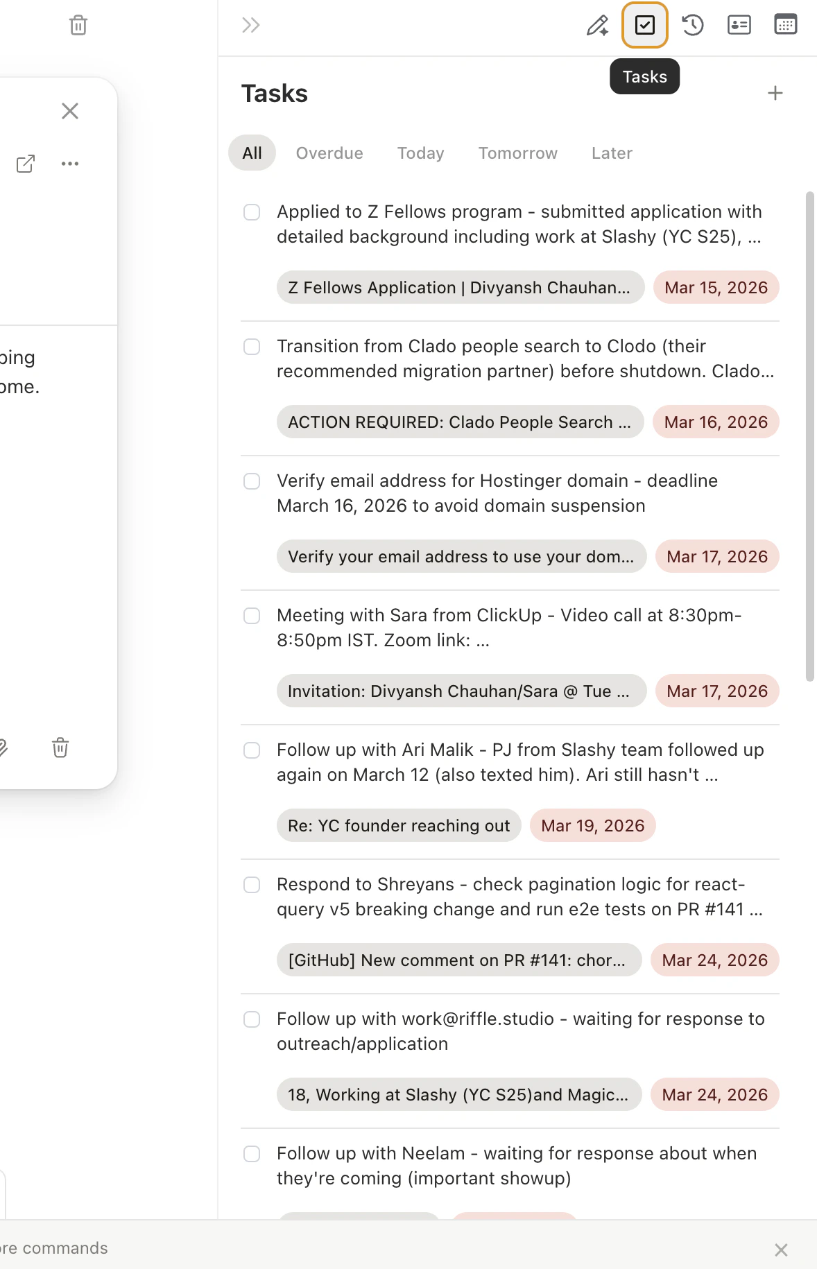 Tasks panel showing Today, Tomorrow, and Later groups with linked email chips