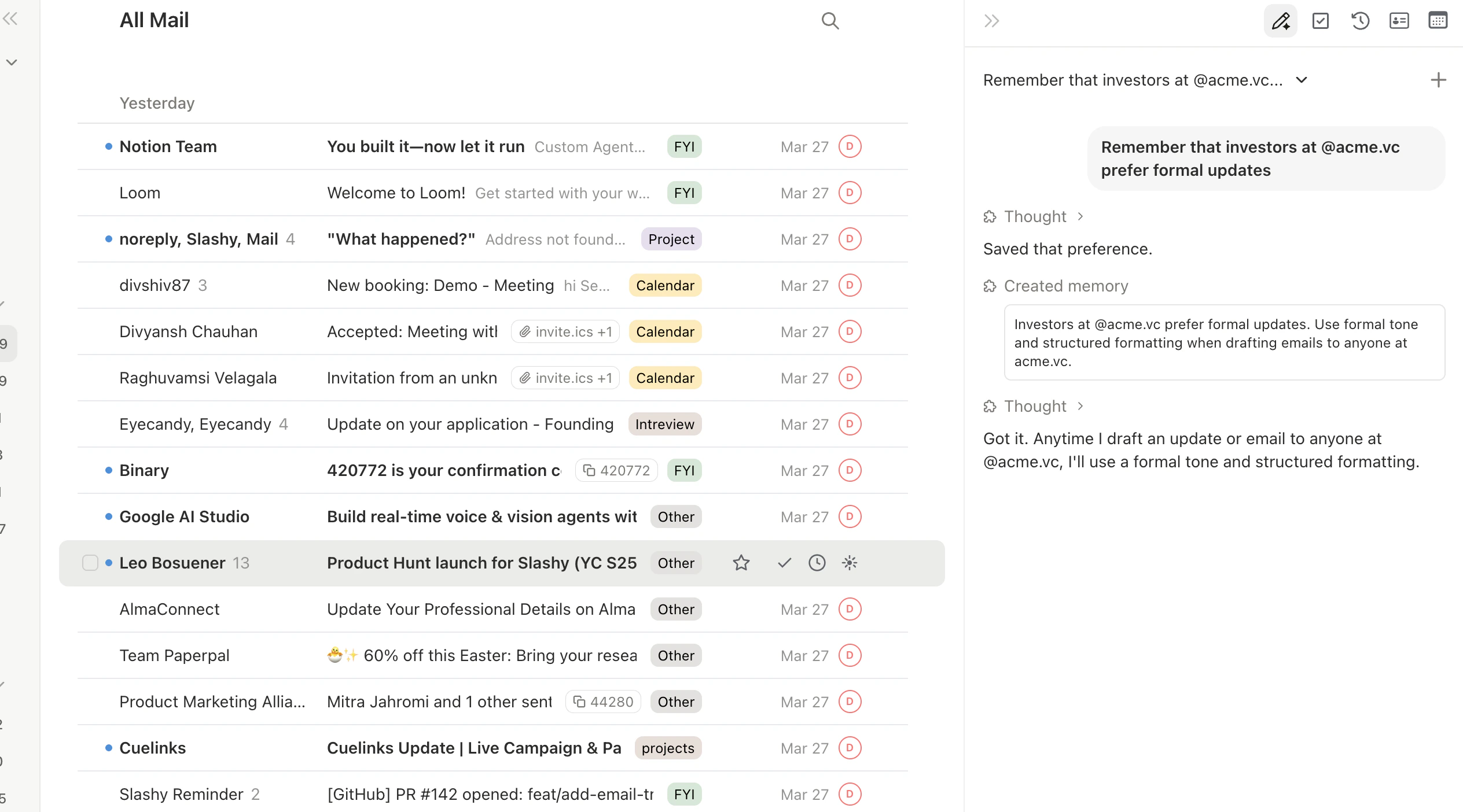 Agent sidebar saving a memory about investor communication preferences