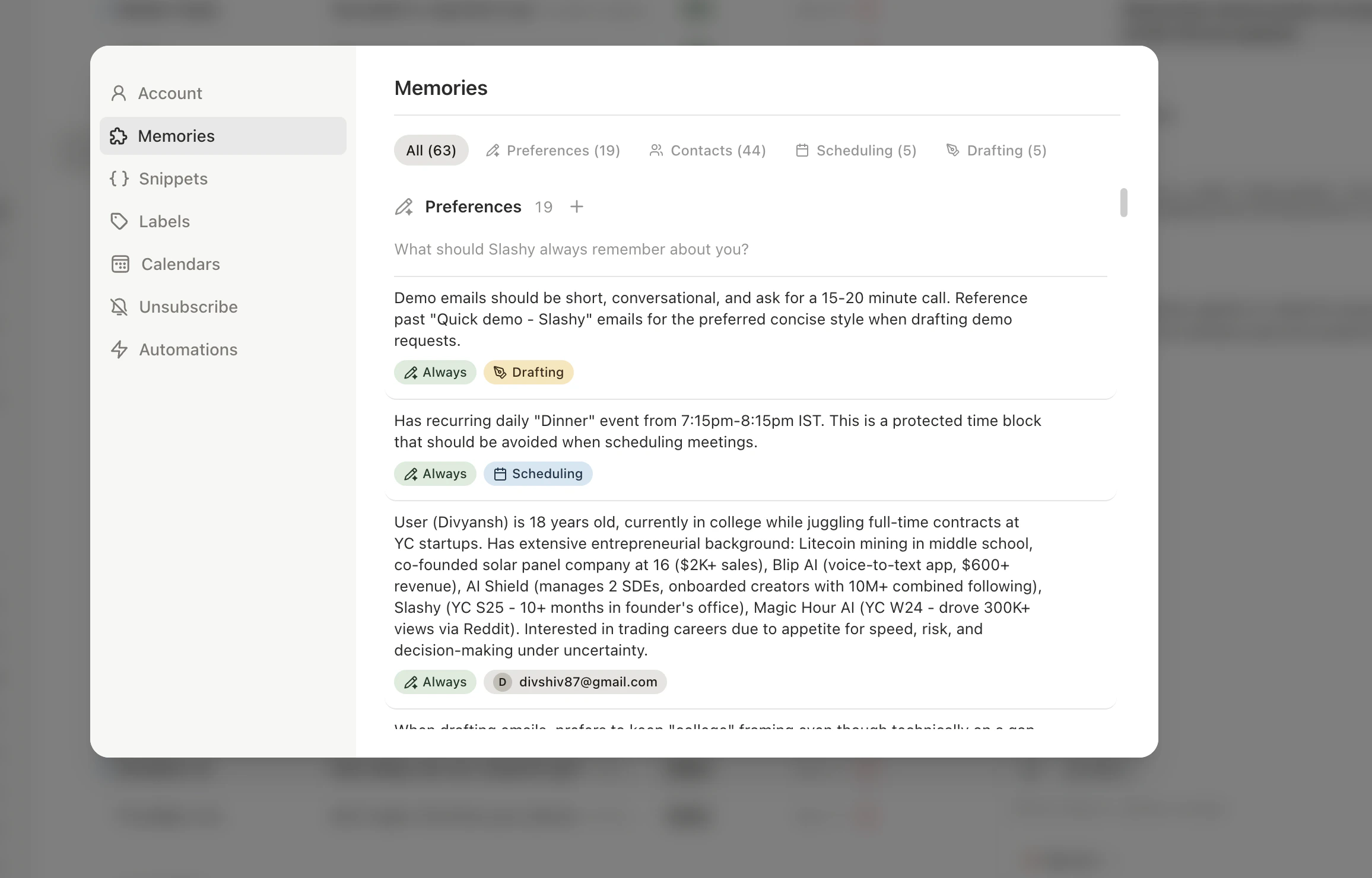Settings Memories page showing list of memories with type, anchor, and edit controls