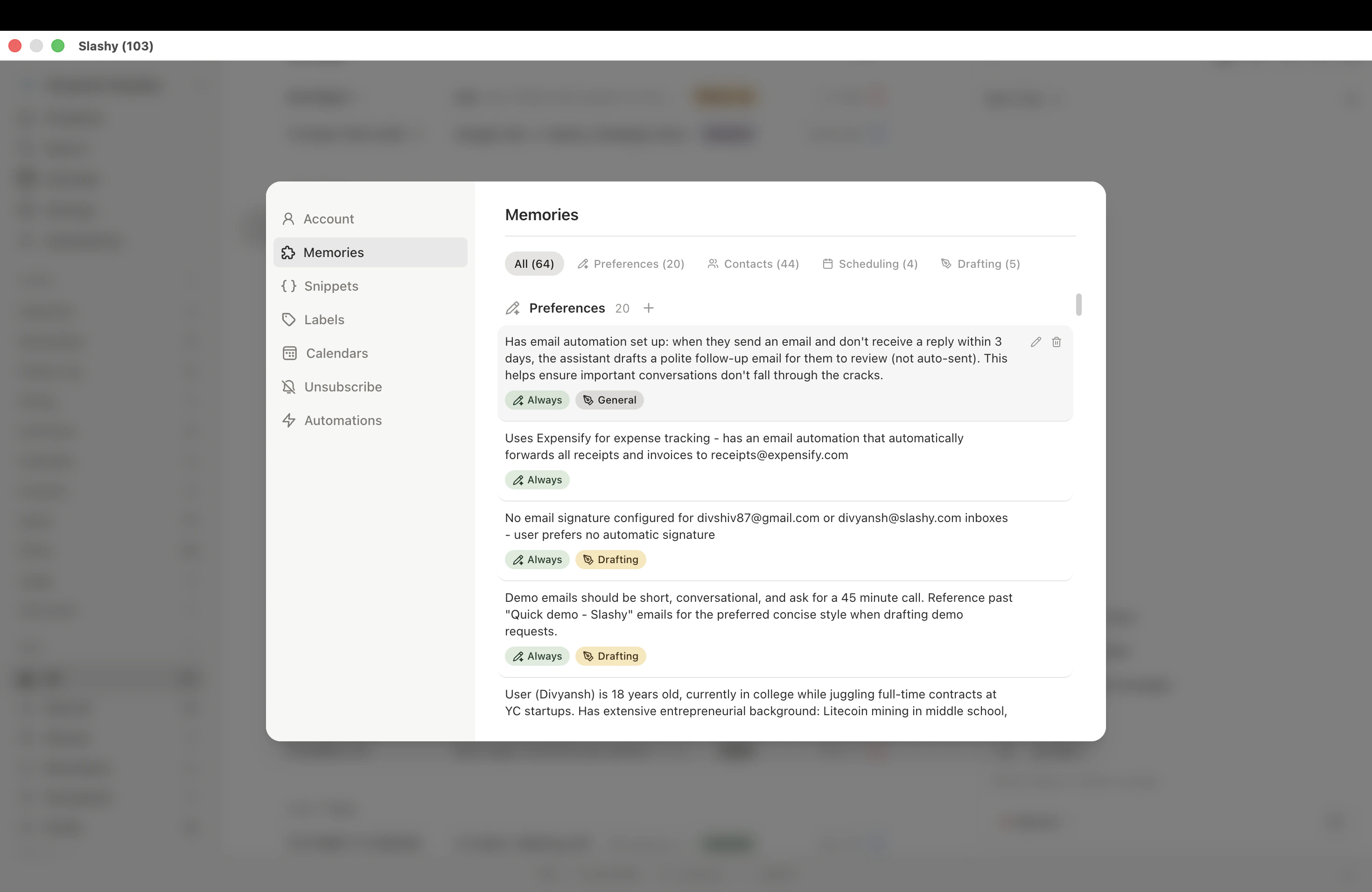AI memories showing accumulated contact facts and preferences