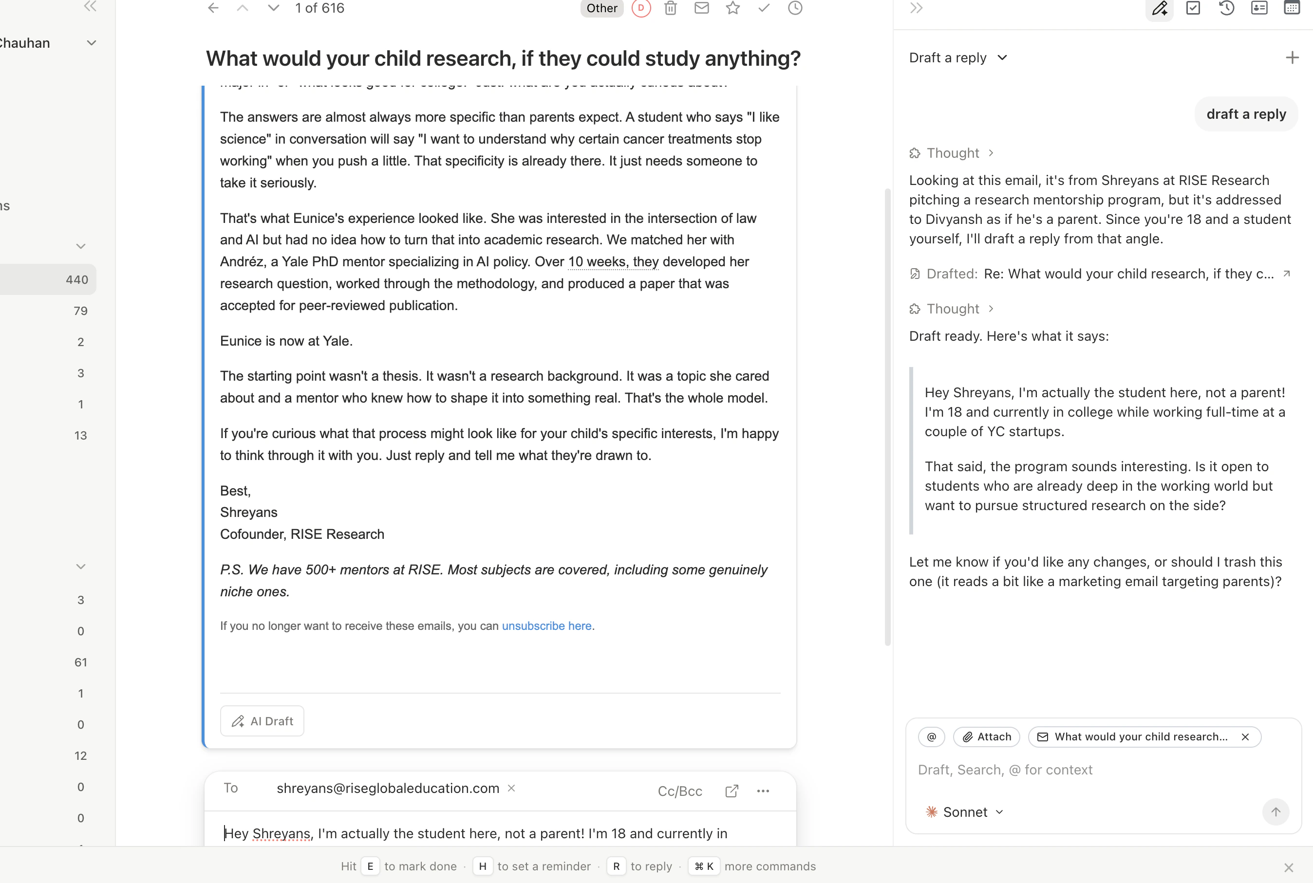 Agent input with thread context chip