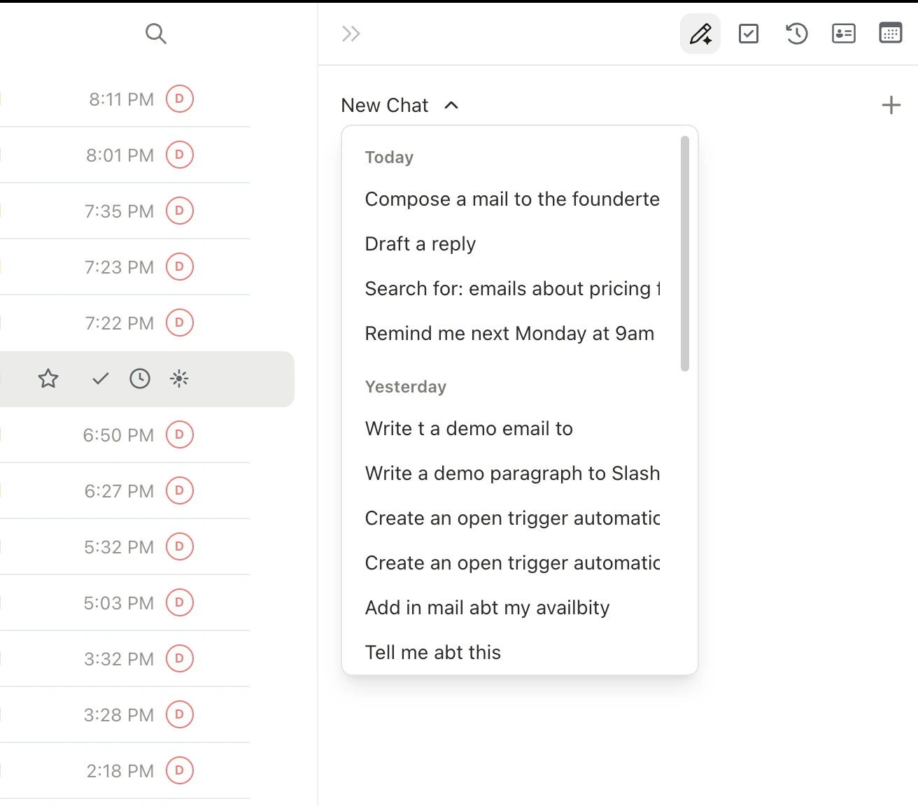 Conversation history panel with past chats