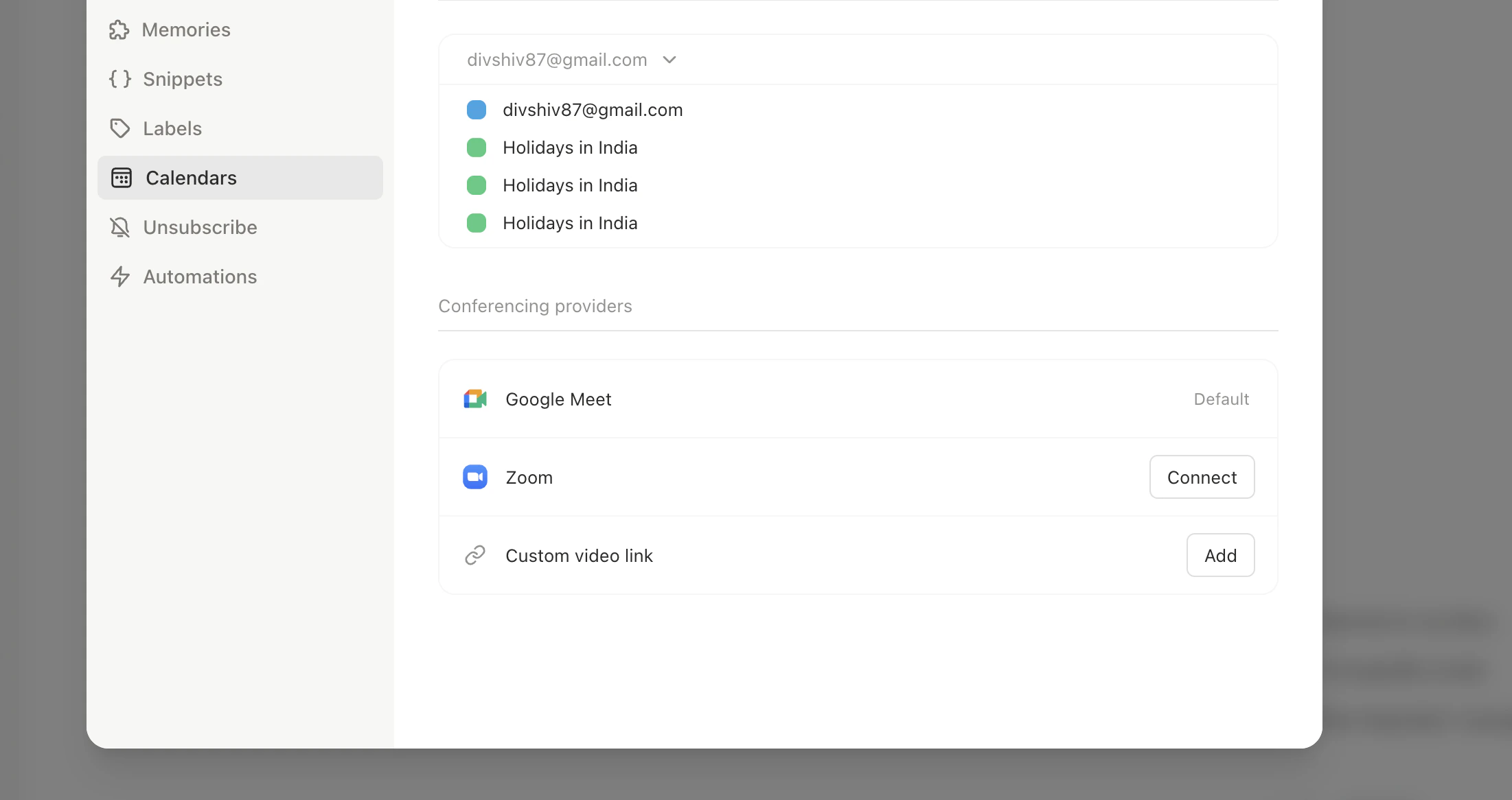 Settings Calendars page showing Zoom connected with conferencing options