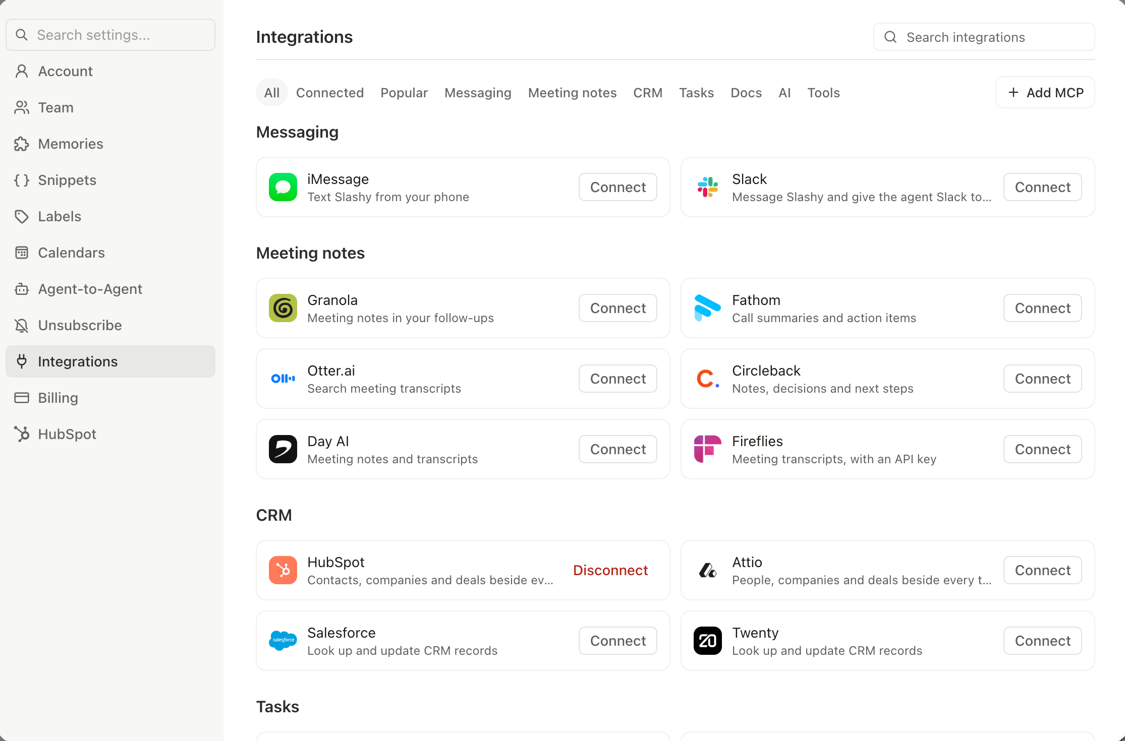 Settings Integrations grouped into category sections: Messaging, Meeting notes, and CRM, each with its cards underneath