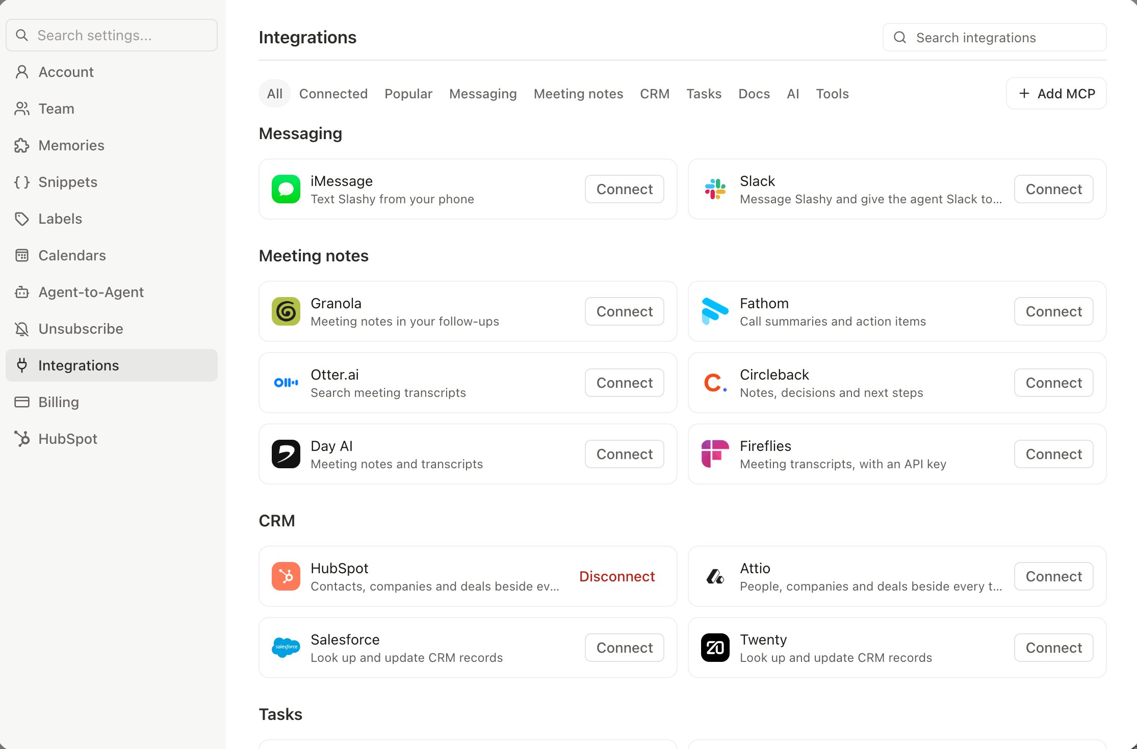 Settings Integrations grouped into category sections: Messaging, Meeting notes, and CRM, each with its cards underneath
