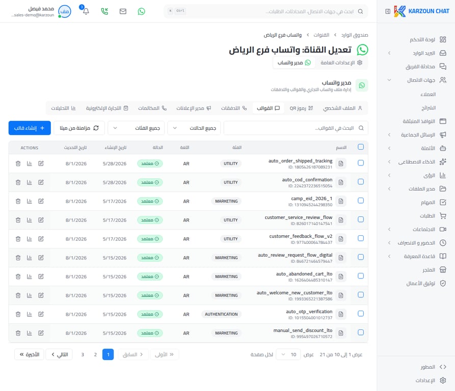قائمة القوالب في كرزون