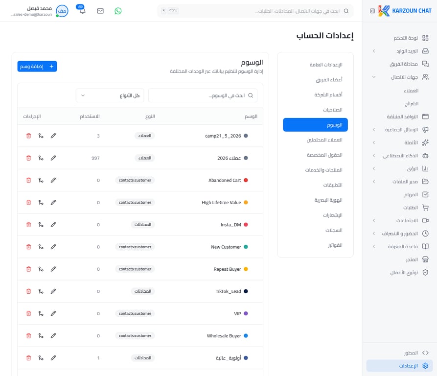 واجهة إدارة الوسوم في منصة كرزون
