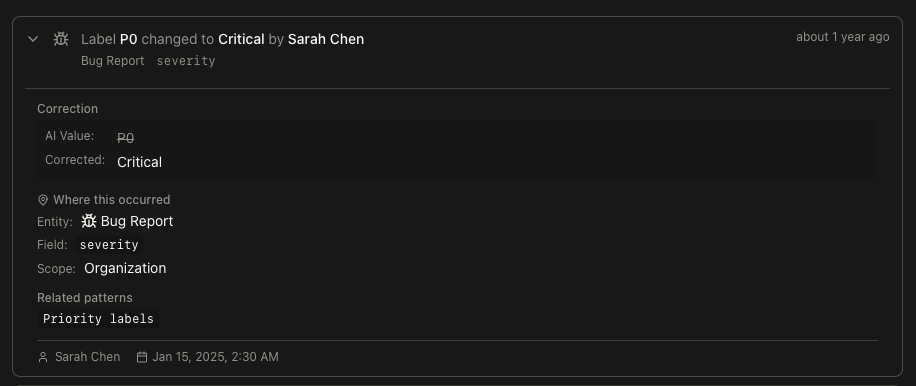Individual correction card showing field change, user attribution, and metadata