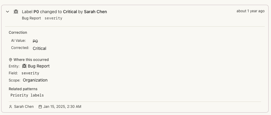 Individual correction card showing field change, user attribution, and metadata