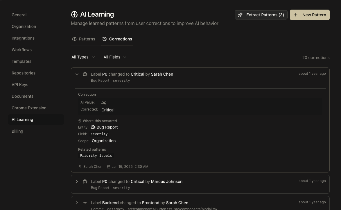Correction history showing AI value to User value change